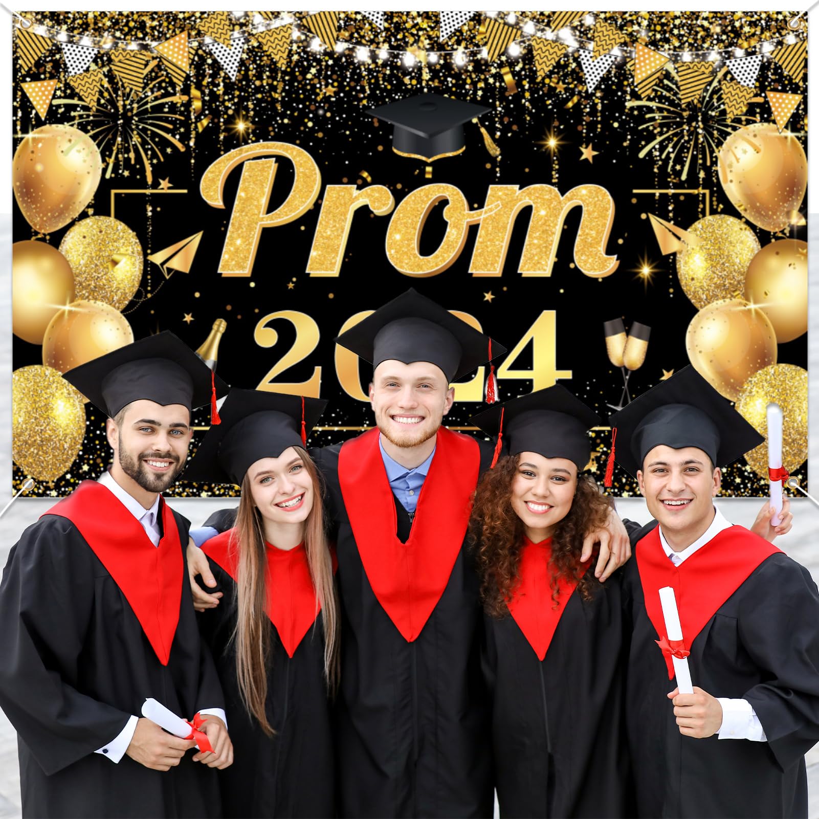 Qpout Prom 2024 Backdrop Black Gold Graduation Prom Night Class of 2024 Background Banner for Indoor Outdoor Grad University Student Graduation Prom Party Decorations,70.8 * 43.3inch