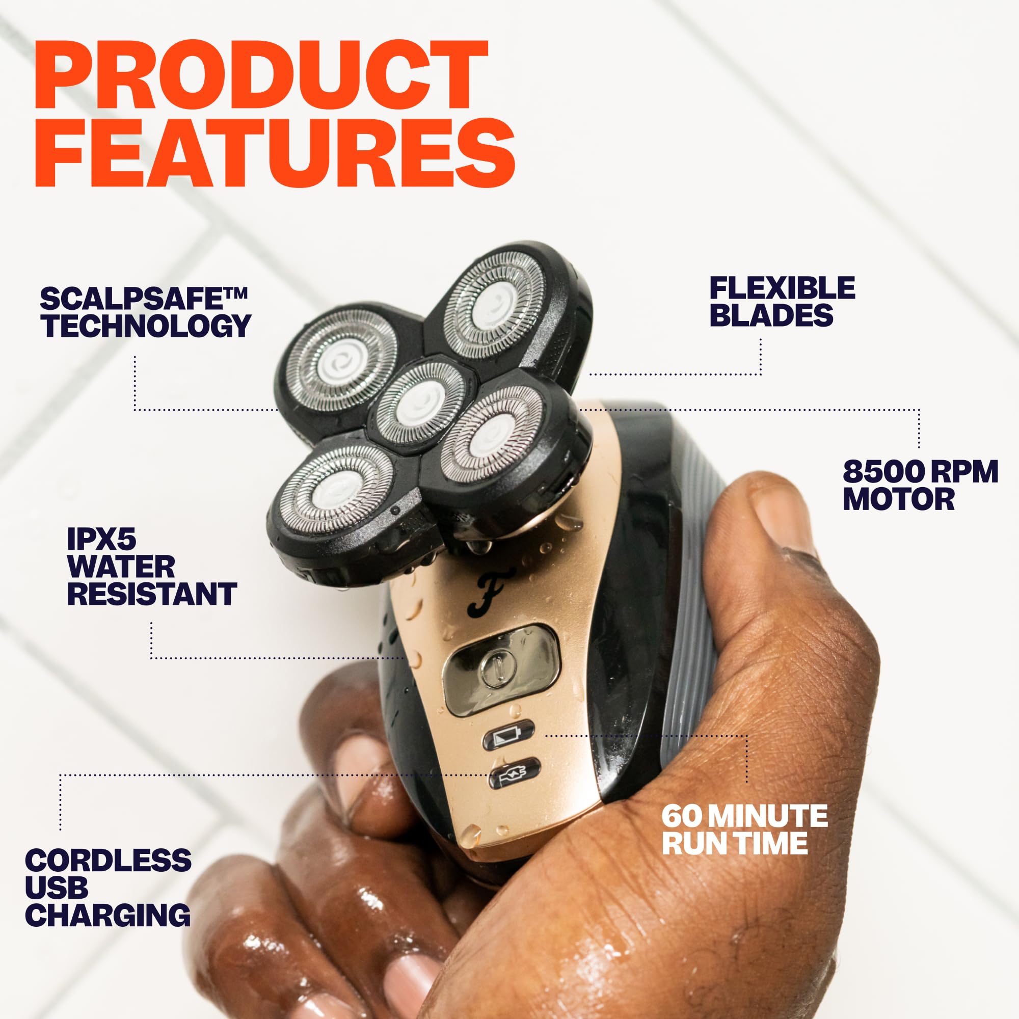 The FlexSeries Electric Head Hair Shaver - Freebird - Ultimate Mens Cordless Rechargeable Wet/Dry Skull & Bald Head Waterproof Razor with Rotary Blades, Clippers, Nose Trimmer, Brush, Massager