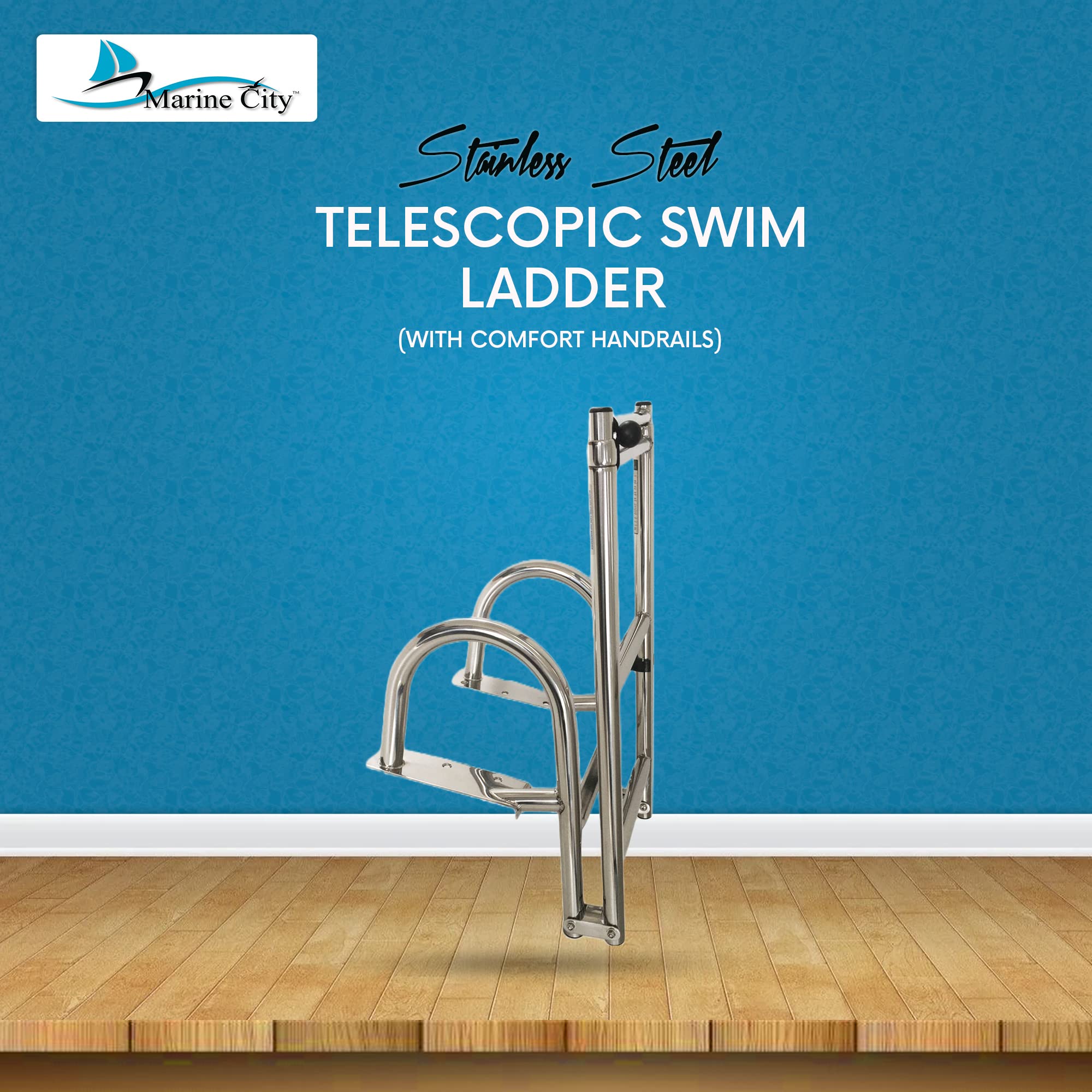 MARINE CITY Stainless Steel Heavy Duty Durable and Sturdy Telescoping Swim Over Platform Boat Ladder with Comfortable Handrails (1 Step+4 Step)