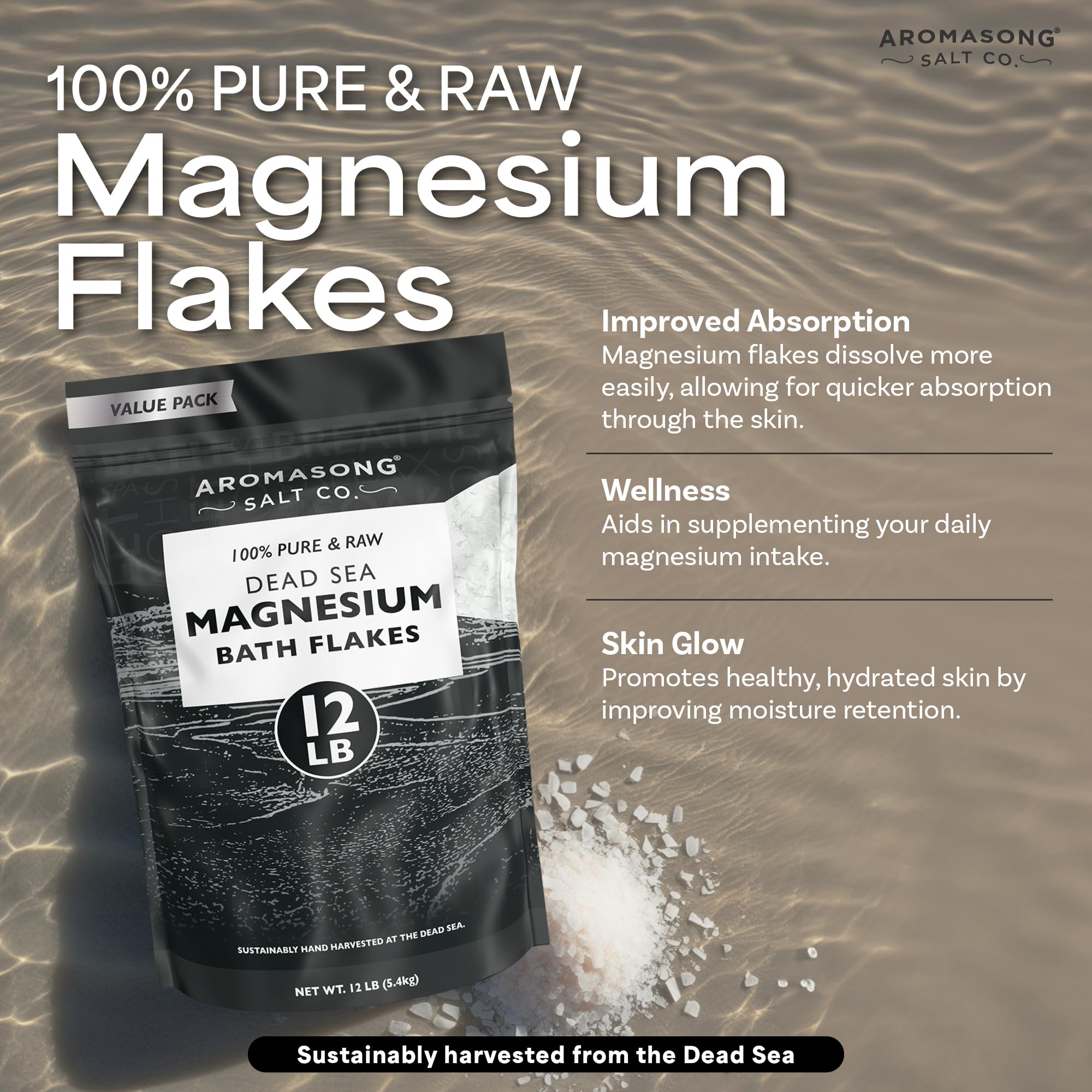 Aromasong Magnesium Flakes from The Dead Sea, 12 LB Resealable Black Bag - Muscle Relaxing Magnesium Chloride Bath Salts Soak for Headaches, Stress & Leg Discomfort