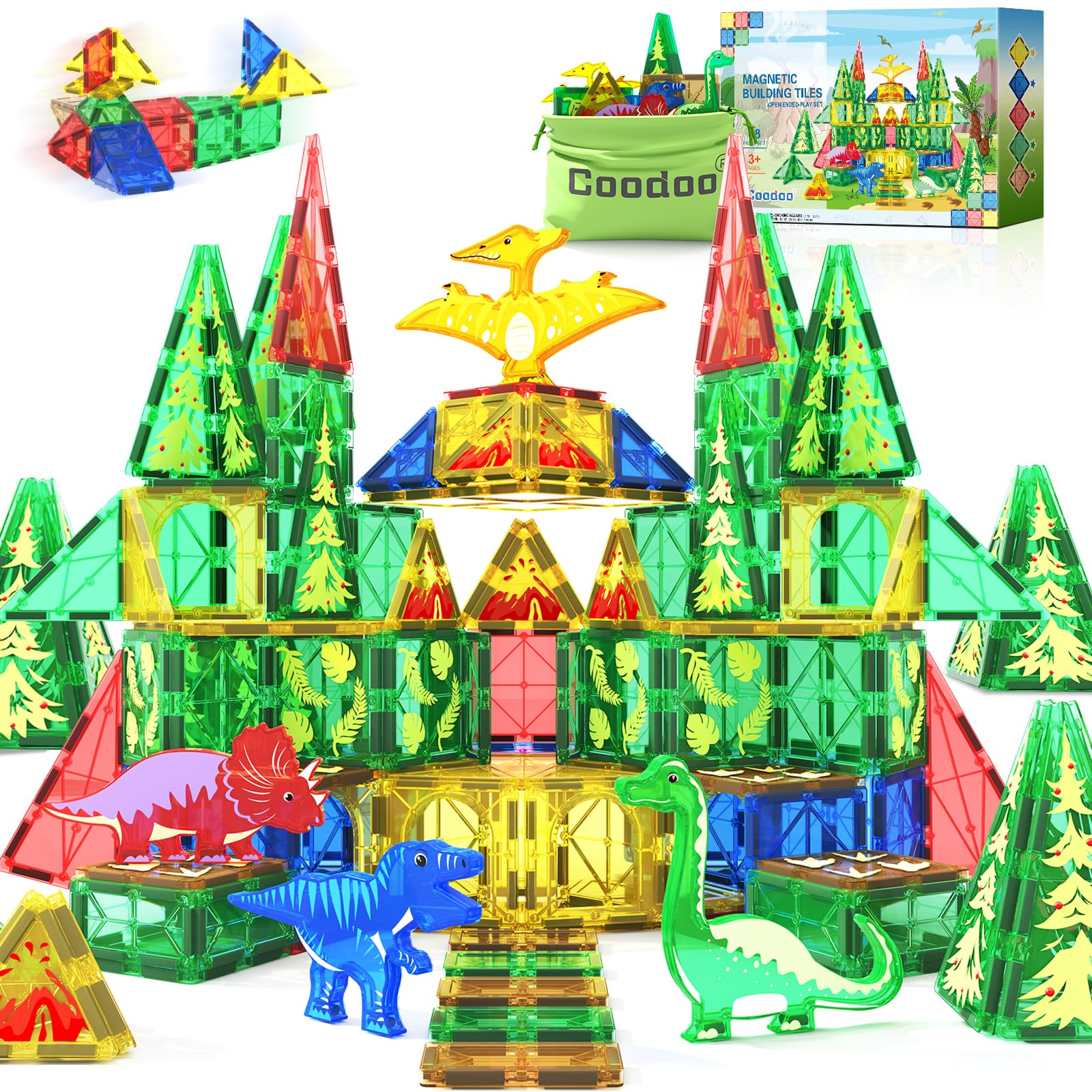 Dinosaur Toys Magnetic Tiles - Magnet Building Blocks for Toddler Kids Toys STEM Sensory Outdoor Toys for 3+ Year Old Boys and Girls, Dinosaur World Creative Games Kids Toys