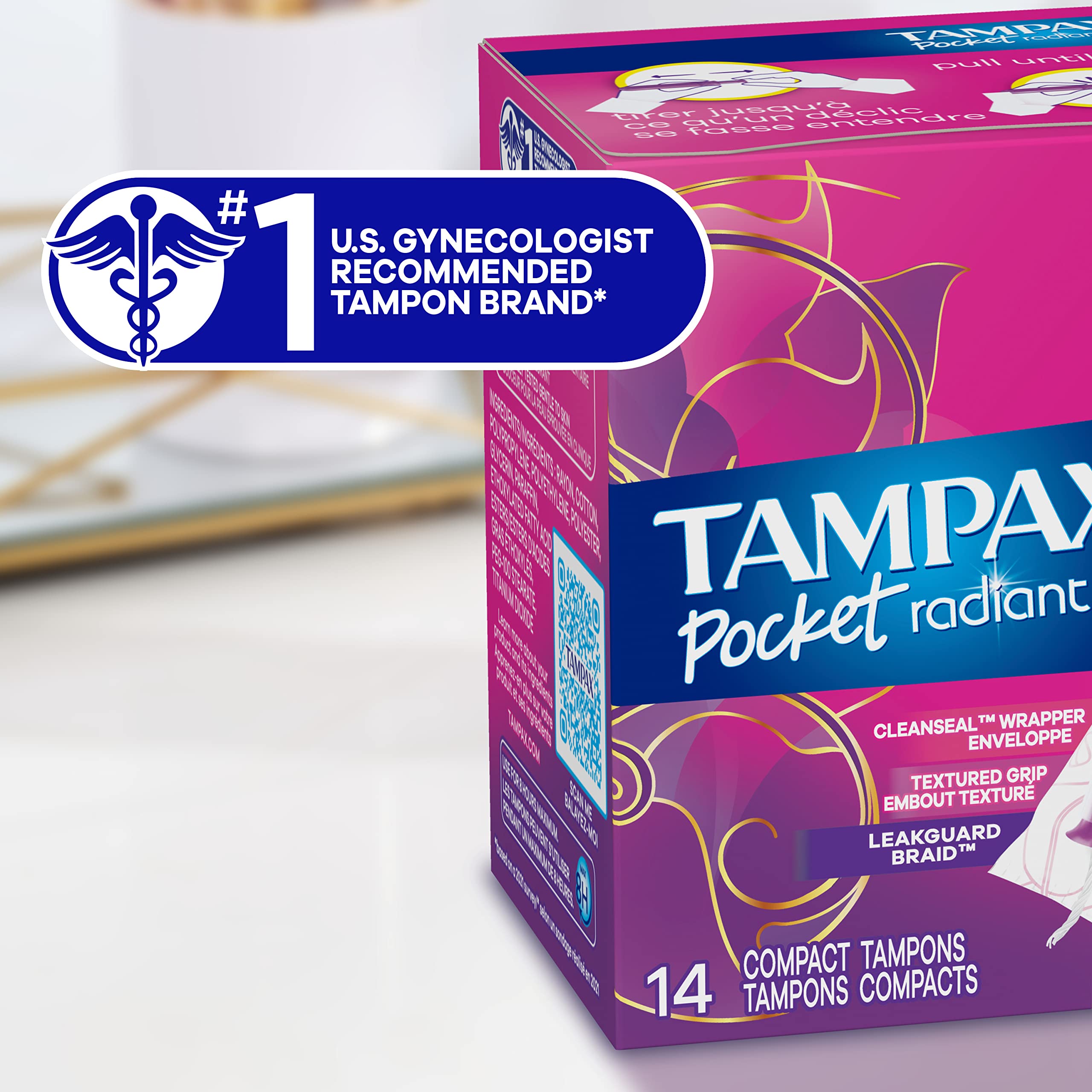 Tampax Pocket Radiant Compact Tampons Duo Pack, Regular/Super Absorbency with BPA-Free Plastic Applicator and LeakGuard Braid, Unscented, 28 Count x 3 Packs (84 Count Total)