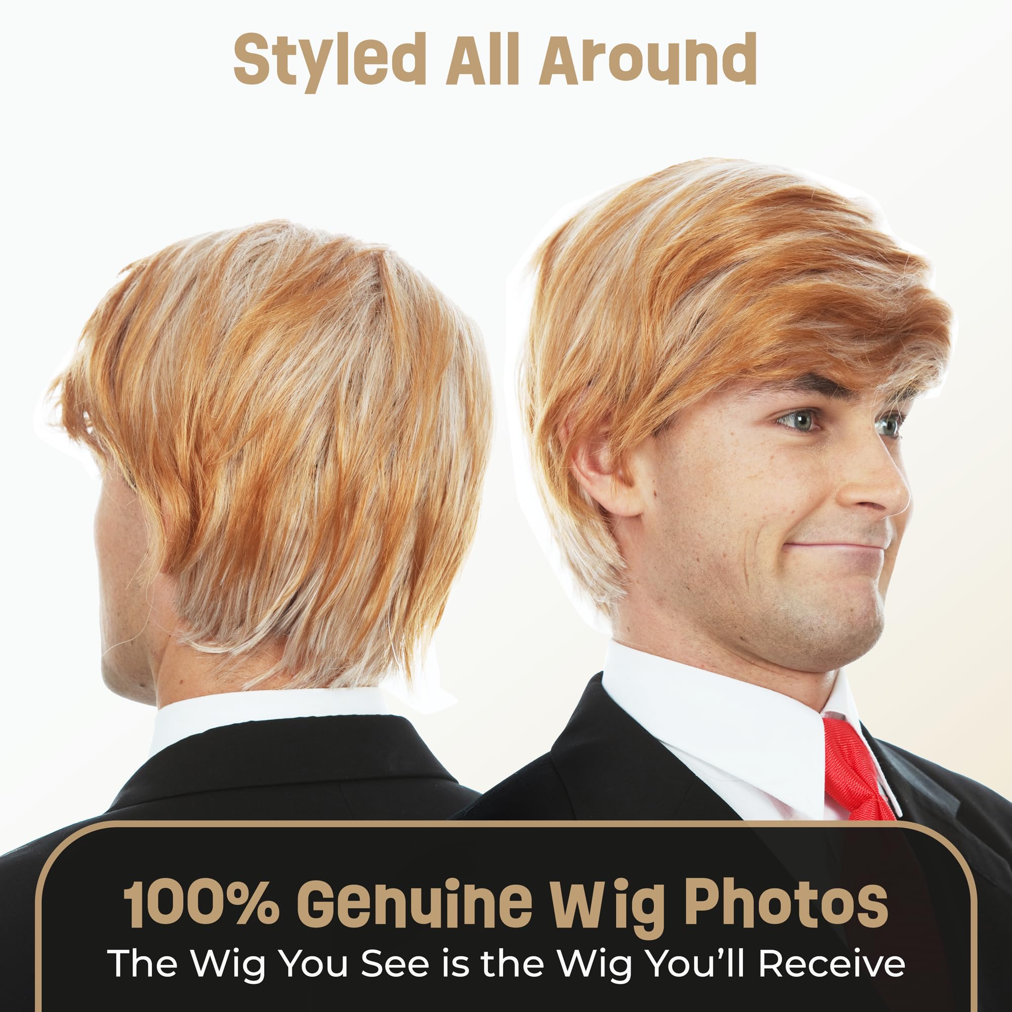 ALLAURA 3pc Donald Wig + Flag Pin + Red Tie | Donald Costume For Adults | Toupee Blonde Donald Wig Couples Halloween Costumes Compatible with Donald Hair Wig