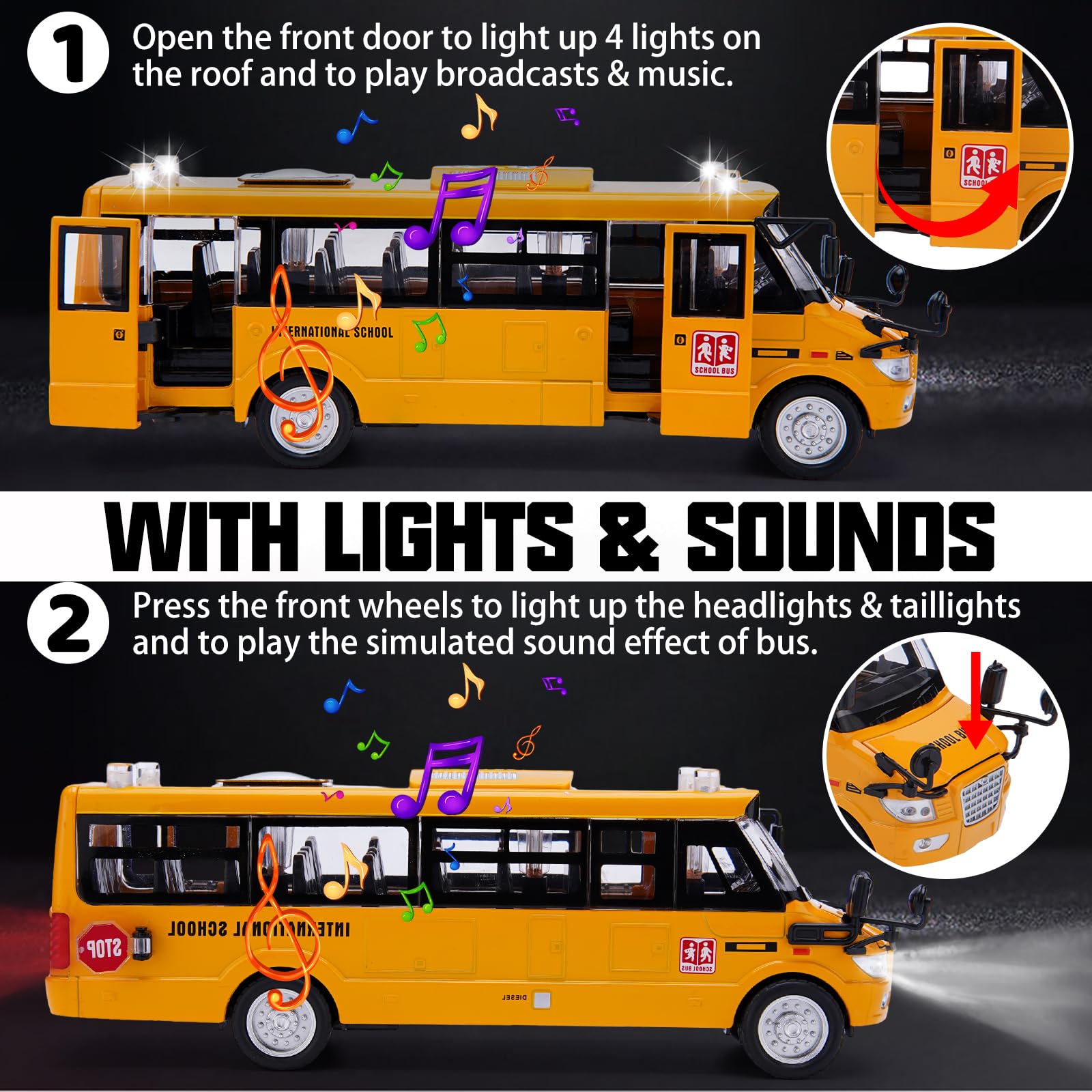Crelloci School Bus Toy, Die Cast Model Car with Flashing Lights & Sounds, Friction Powered, Back & Side Doors Open, Large Yellow Metal Toy Vehicles, Play Bus Easter Gift for Kids Toddlers Ages 3+