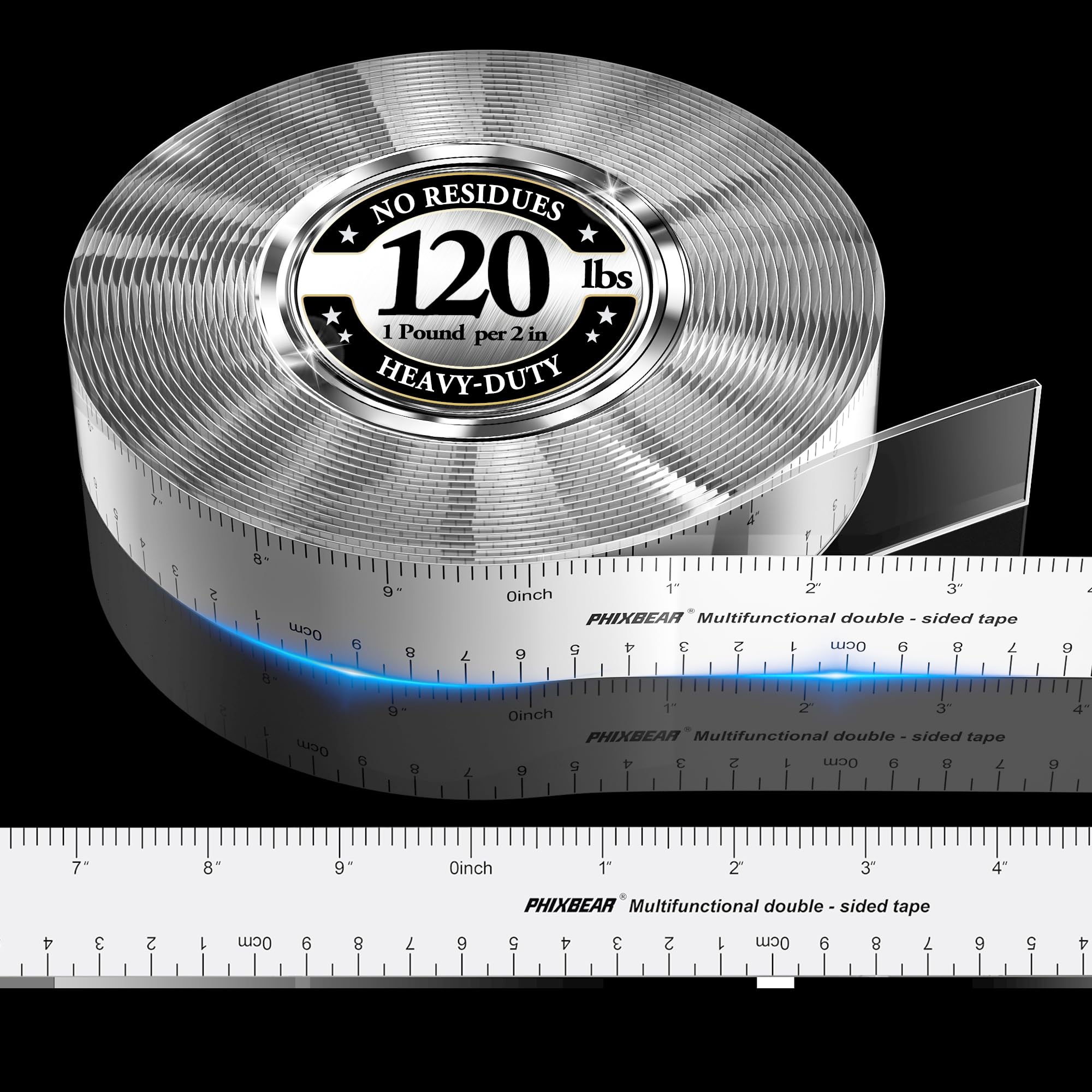 PHIXBEAR Double Sided Tape Heavy Duty with Dual Measurement Scale (CM/INCH), No Residue Clear Invisible Nano Tape mounting for Wall Hanging Posters, Rug,Decor