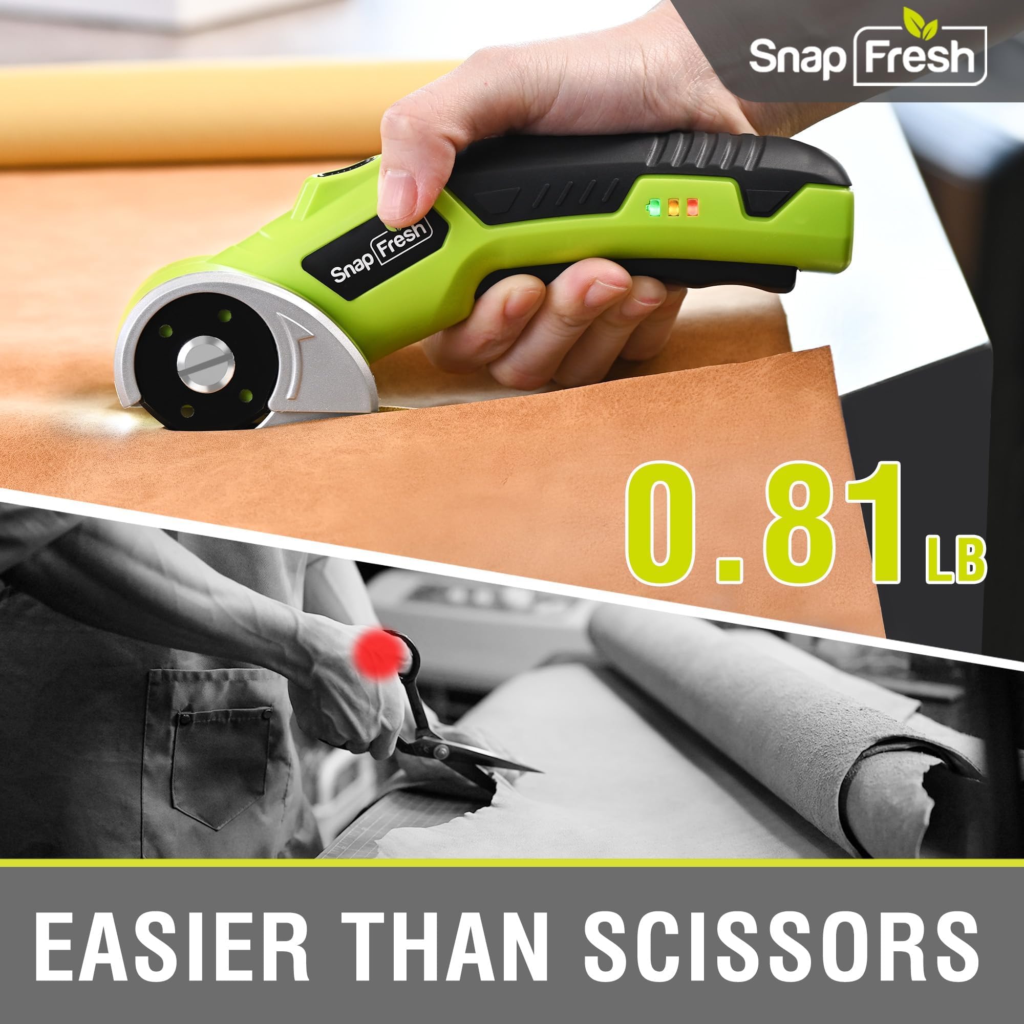 SnapFresh 4V Cordless Electric Scissors, Rechargeable Cardboard Cutter & Box Cutter Rotary Tool, 240 RPM Fabric Carpet Leather Cutter with LED, Extra Blade, 2.0Ah Battery & Storage Bag(SP5091)