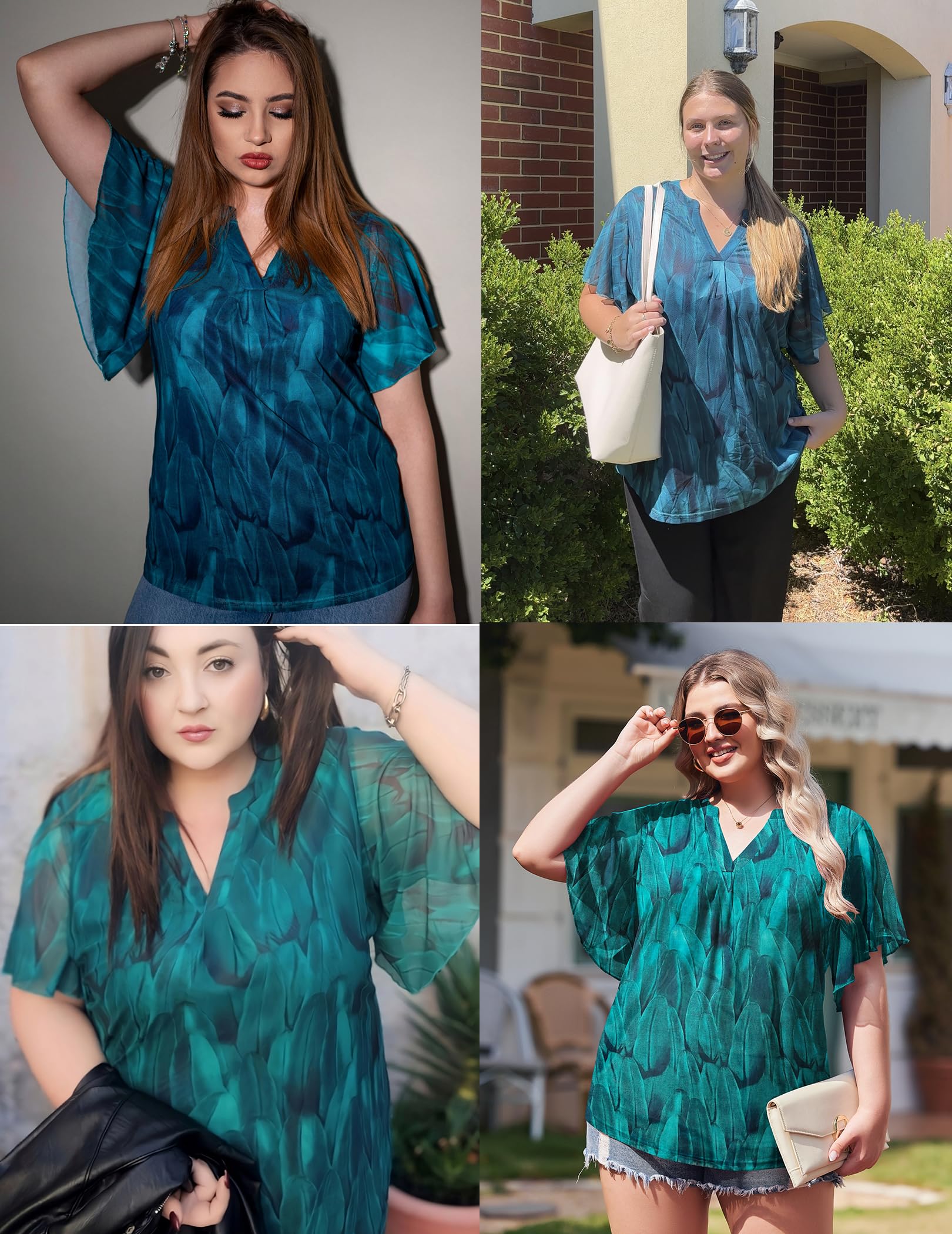 IN'VOLAND Plus Size Short Sleeve Tops for Women Ruffle V Neck Mesh Blouses Flowy Shirt Floral Double Layers Tunics Green 20W