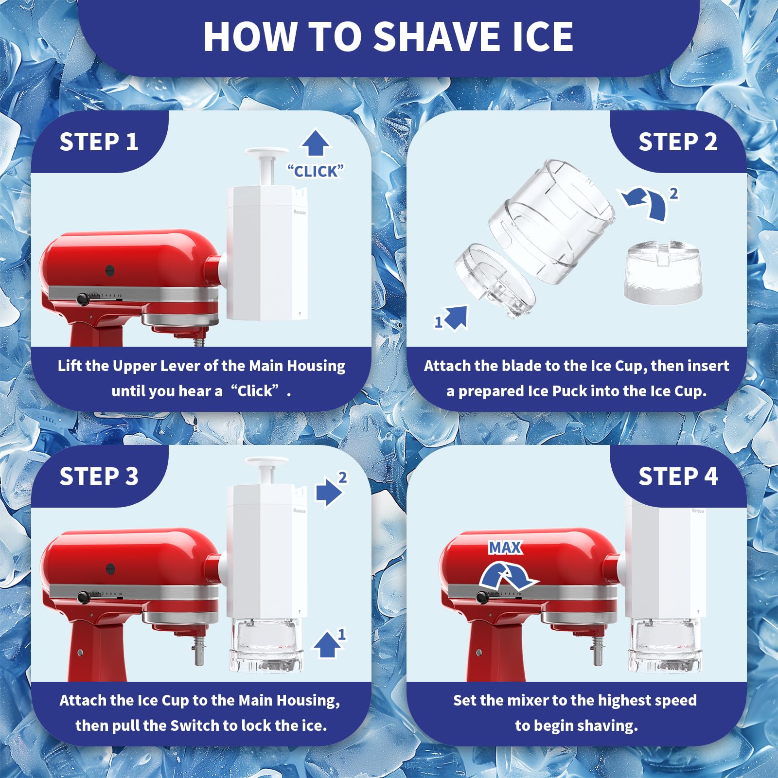 Shave Ice Attachment for KitchenAid Stand Mixer, Snow Cone Shaved Ice Machine, with Coarse and Fine Blades, 8 Ice Molds