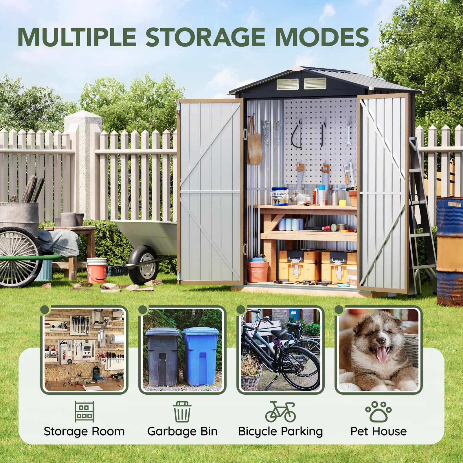 Grovellis 5x3 FT Outdoor Metal Storage Shed with Floor Frame, Double Door, 1 Clear Window, Tool Shed for Garden, Patio, Backyard Brown