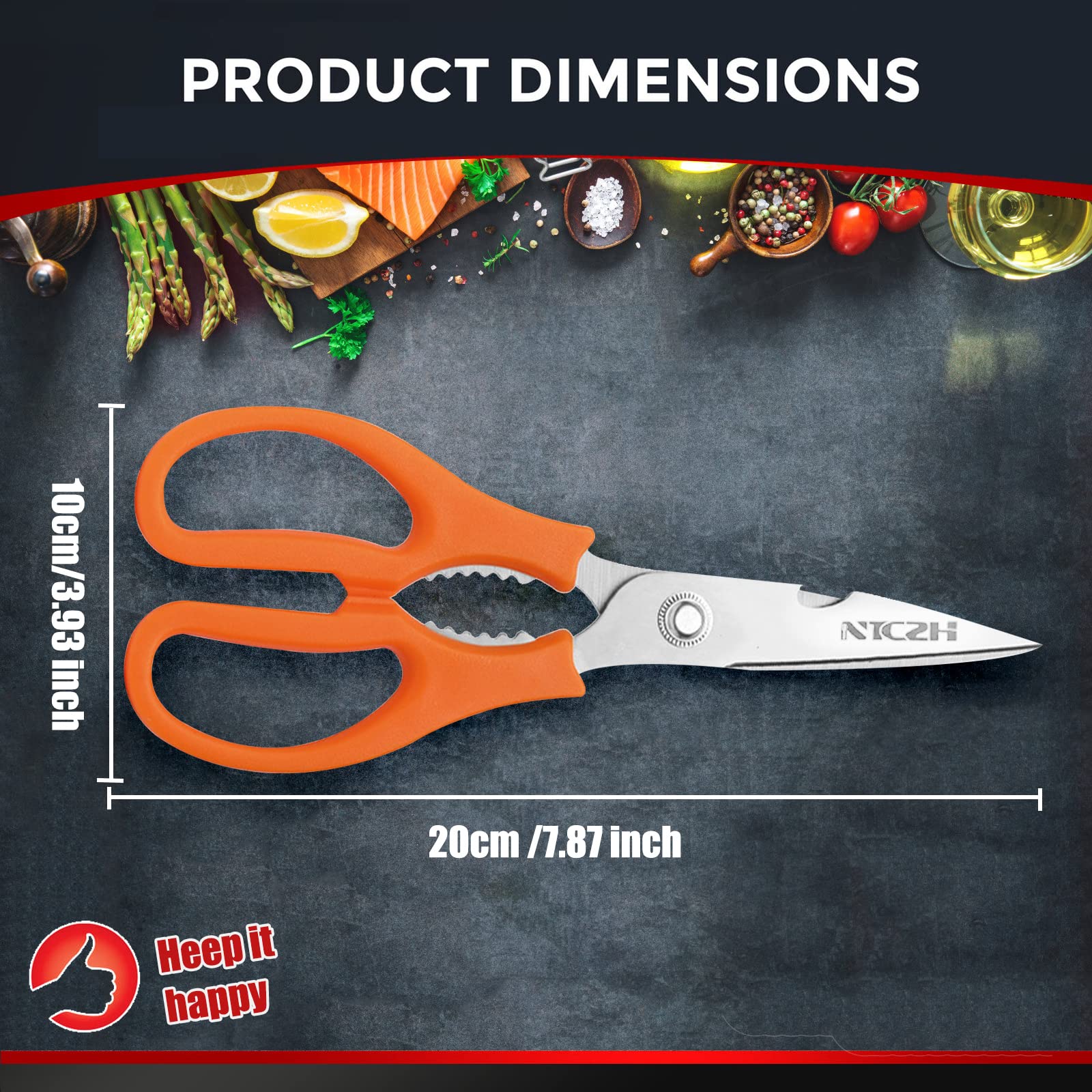 Kitchen Shears, Multi-function Heavy Duty Dishwasher Safe Poultry Shears, Food Grade Stainless Steel Sharp Utility Scissors for Food, Orange