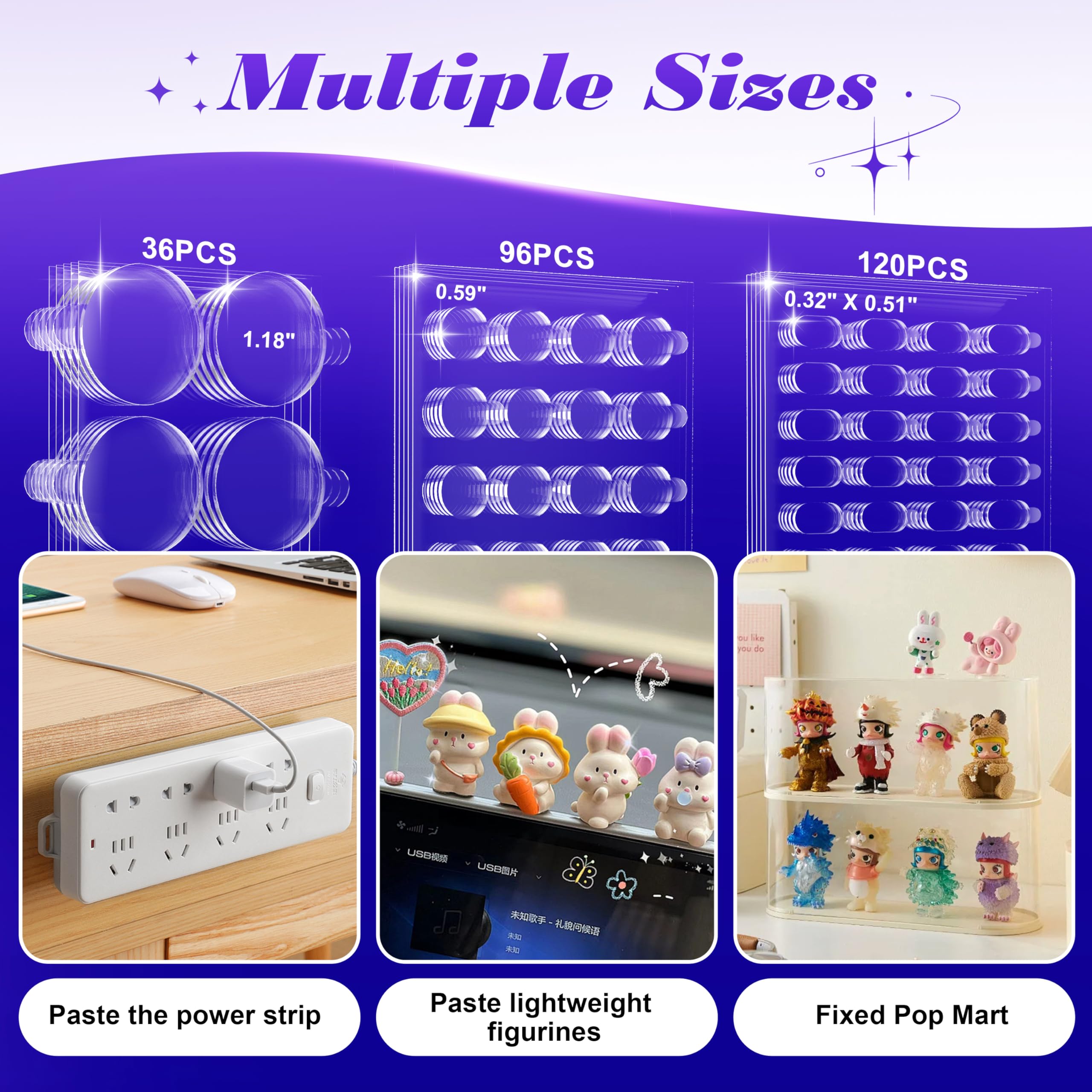 PHIXBEAR 252pcs Car Easy-Pull Sticky Putty Clear Double Sided Removable, No Residue Glue Adhesive Double Sided Tape for Car, Walls, Holiday Decor, Balloons, Posters, Crafts & Classroom Decor, 3 Sizes