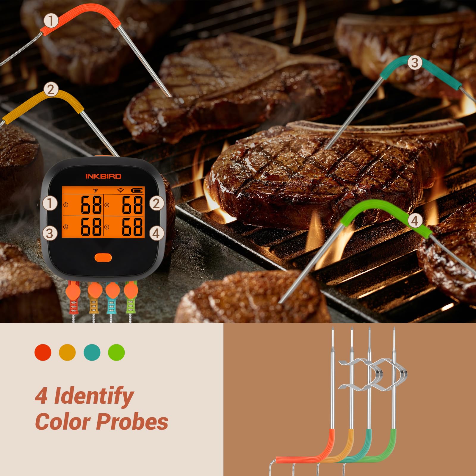 Inkbird WiFi Meat Thermometer IBBQ-4T, Wireless WiFi BBQ Thermometer for Smoker, Oven | APP Calibration Temp Graph | Mobile Notification Timer Alarm | Rechargeable Digital Grill Thermometer, 4 Probes