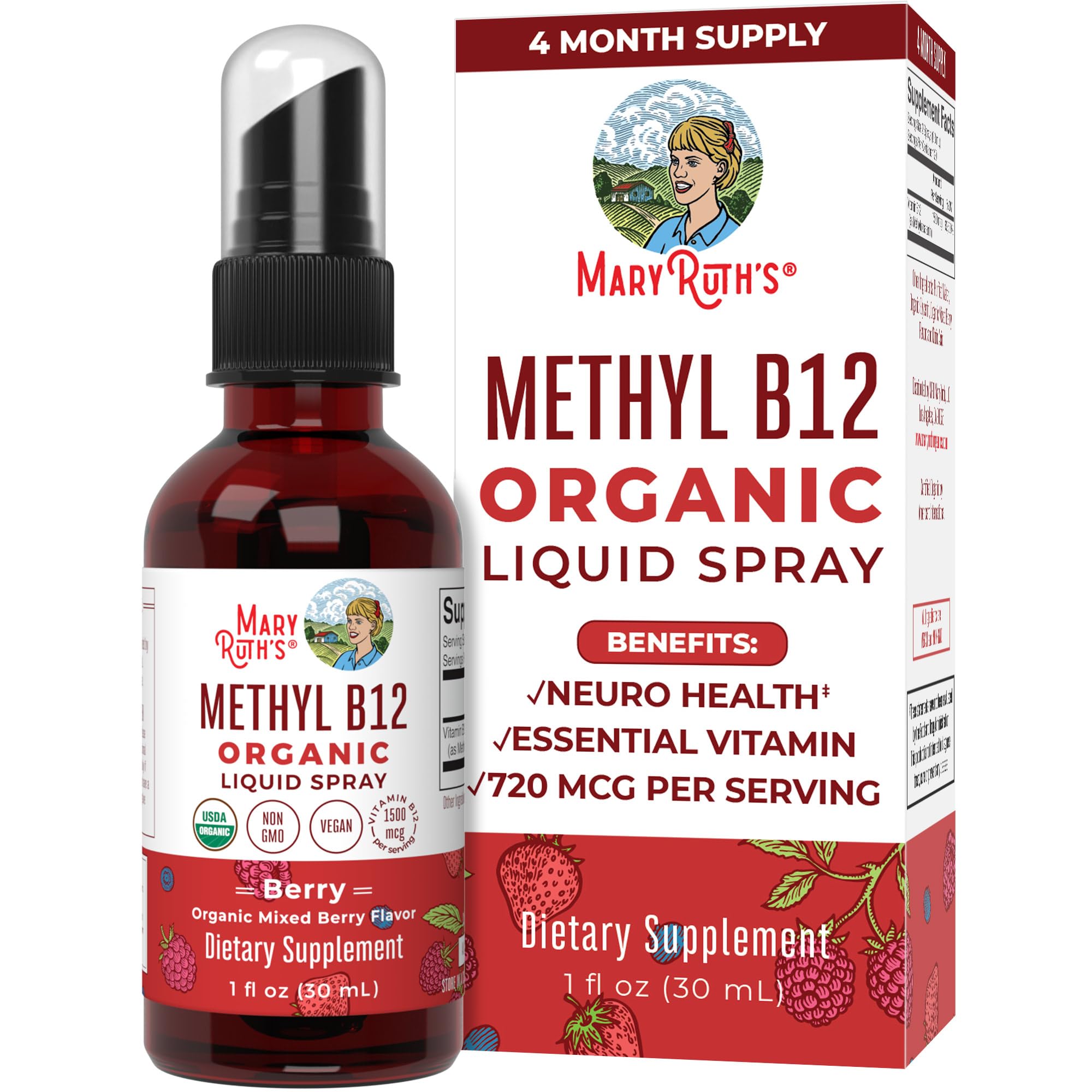 MaryRuth Organics Vitamin B12 Spray | USDA Organic Vitamin B12 Liquid Spray | B12 Vitamin Supplement Liquid for Nervous System Function | for Energy Support | Vegan | Non-GMO | Gluten Free | 1 Fl Oz