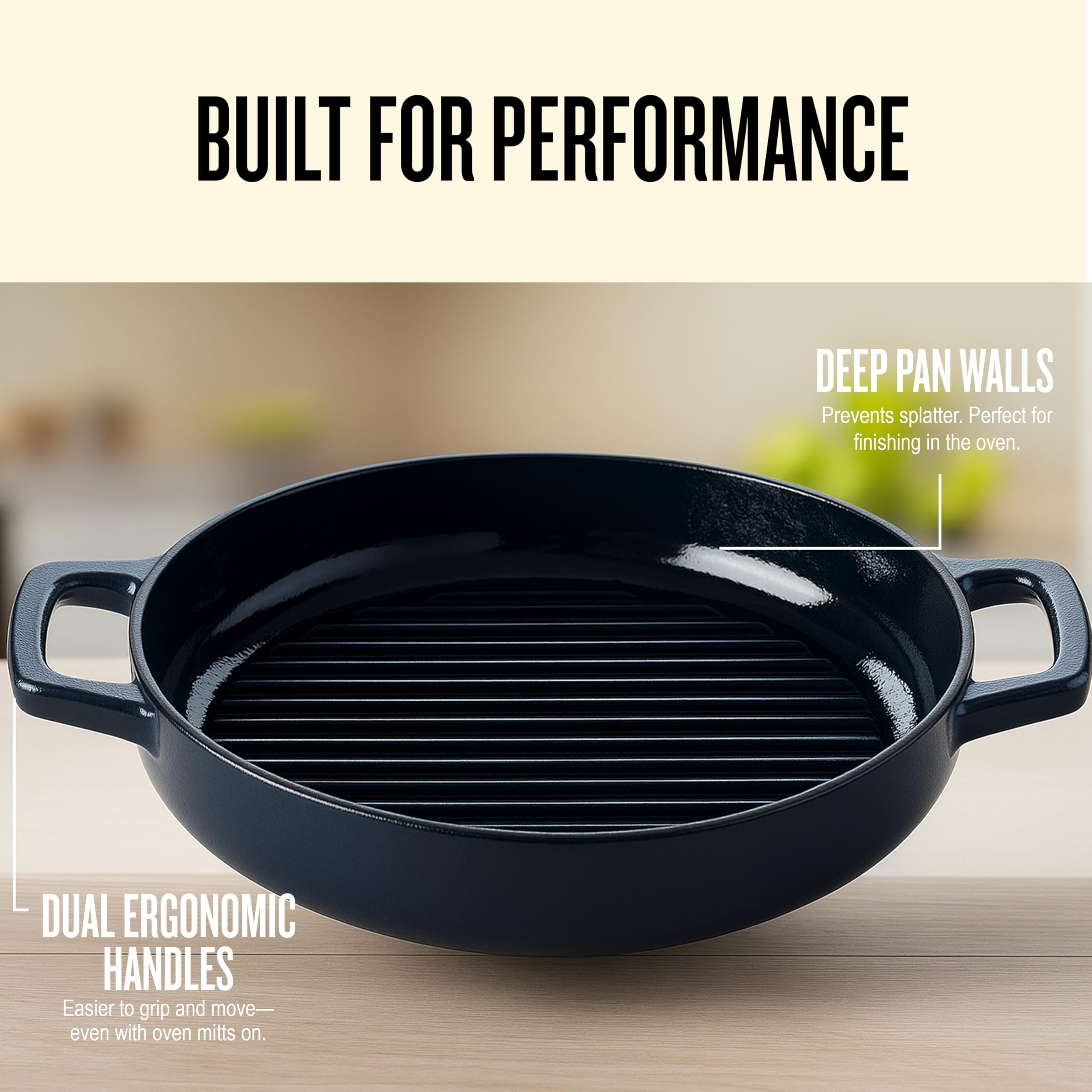 Alva Nori Enameled Cast Iron Grill Pan, 11" – Made With No PFAS/PTFE/PFOA, Oven & Induction Safe – 3-Layer Enamel, No Seasoning Needed – Durable, Easy-Clean Bakeware for Healthy Cooking, Black