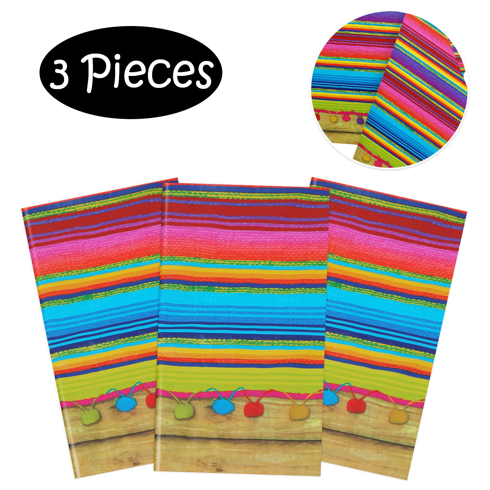 PHOGARY 3PCS Fiesta Mexican Tablecloth for Party Decorations, Plastic Table Covers for Fiesta Birthday, Taco Night, Cinco De Mayo, Spanish Themed Party Baby Shower Celebration