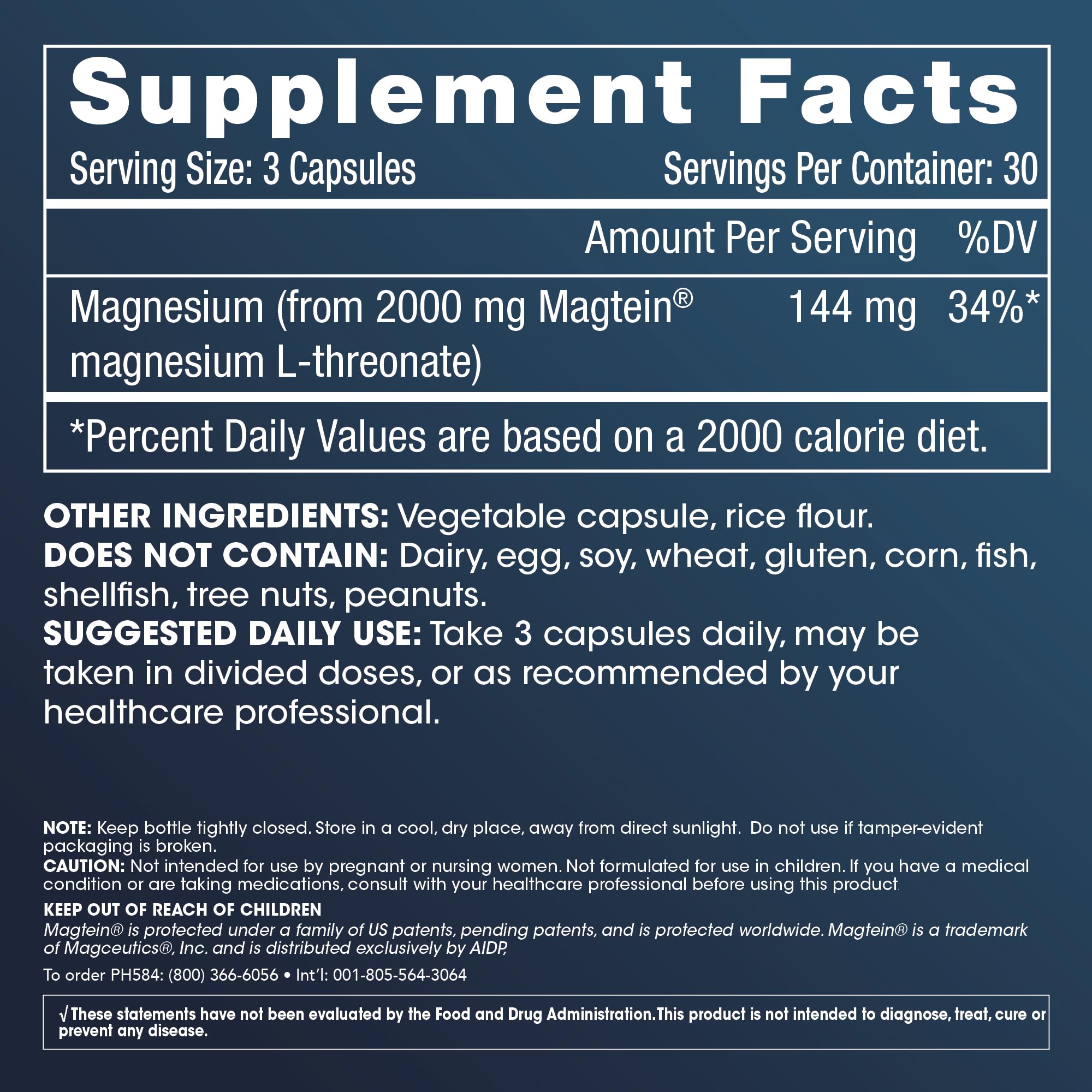 Magnesium L-Threonate Supplement (Magtein), 90 Capsules | Clinically Supported for Brain Health | Optimize Learning, Memory & Focus | 3rd Party Tested