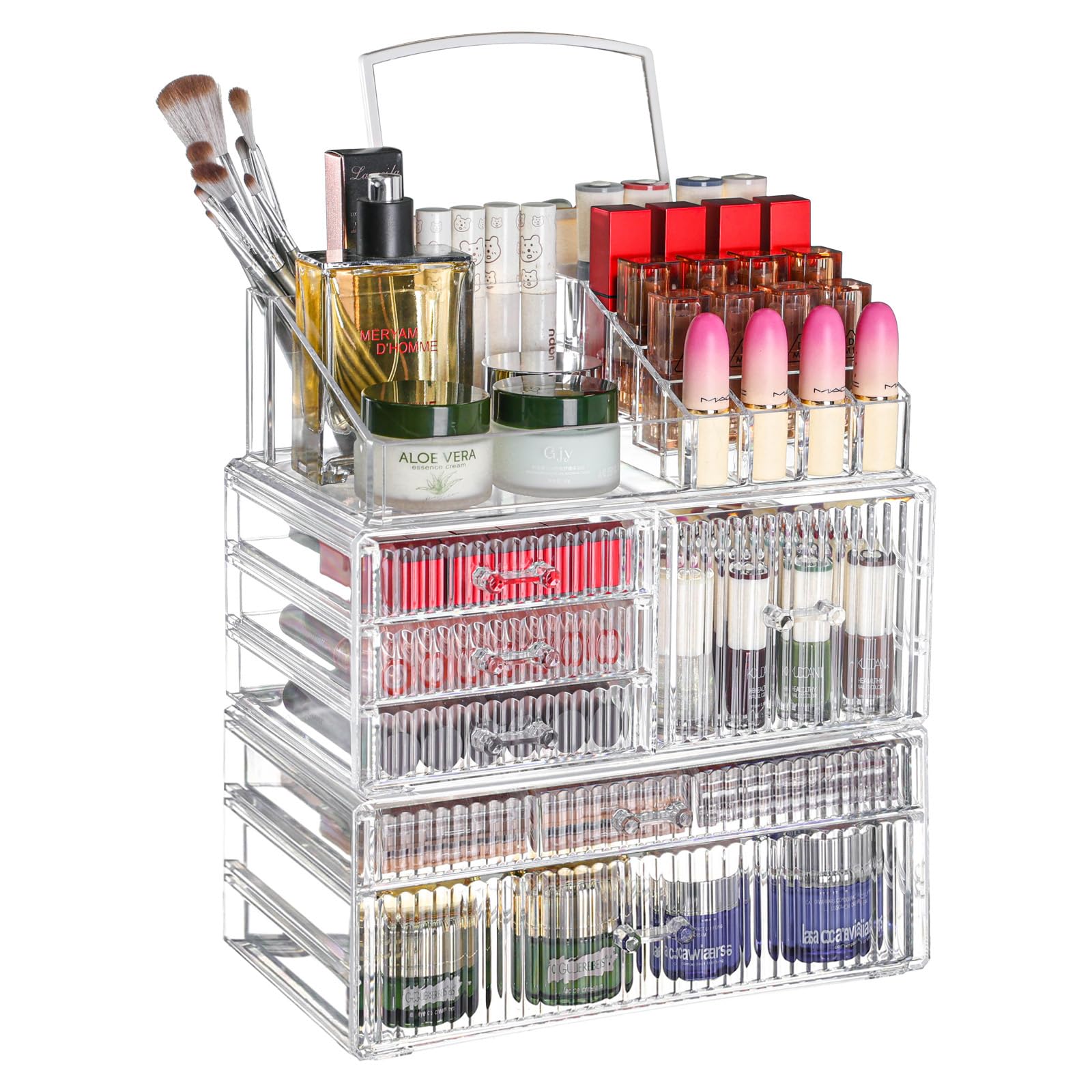 3 Pack Stackable Clear Make up Organizers for Vanity - WIth 6 drawers and 1 Removable Mirror- Hair Accessory and Cosmetic Storage Organizer for Beauty,Brush,Lipstick,Make up Holder Skincare Organizer