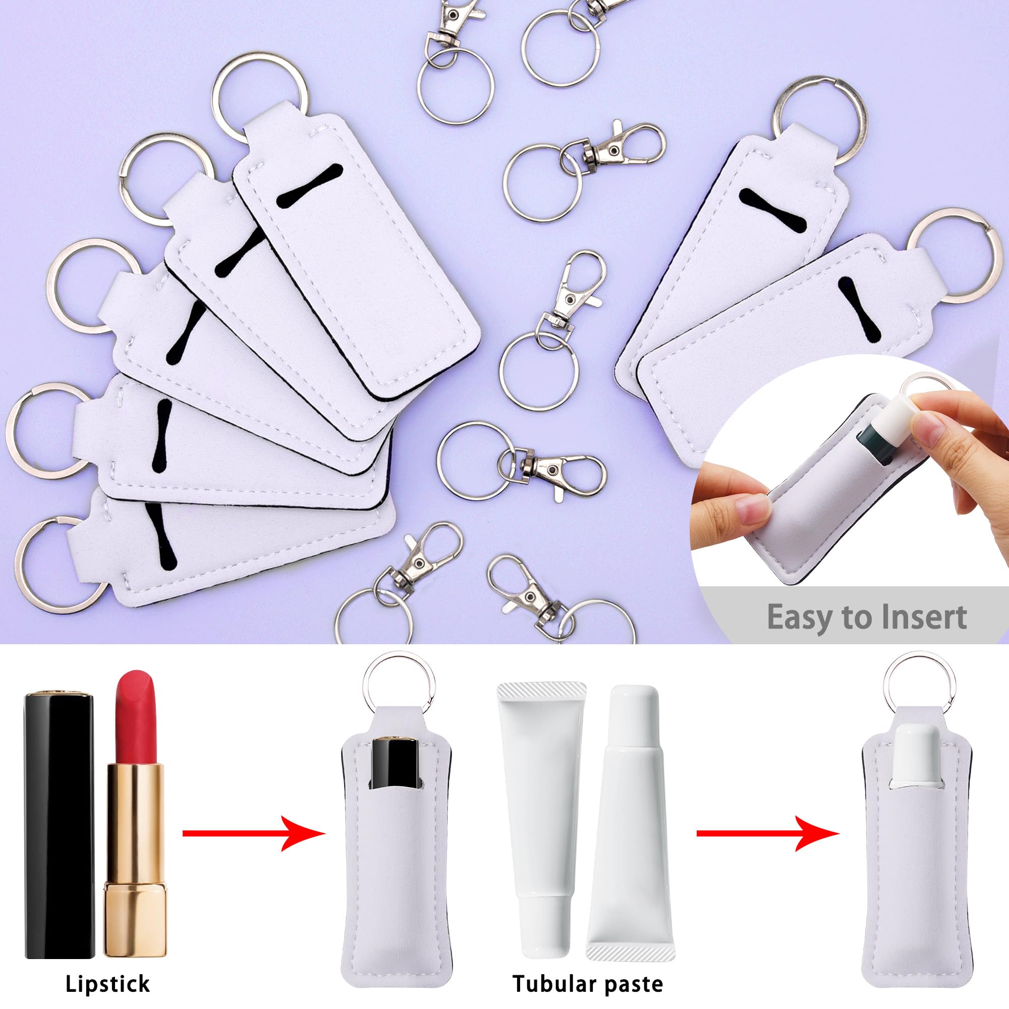 Duufin 20 Pieces Chapstick Holder Keychain Sublimation Chapstick Holder Blank Neoprene Lipstick Keychain Holder Metal Clip Cords Chapstick White Neoprene Chapstick Holder