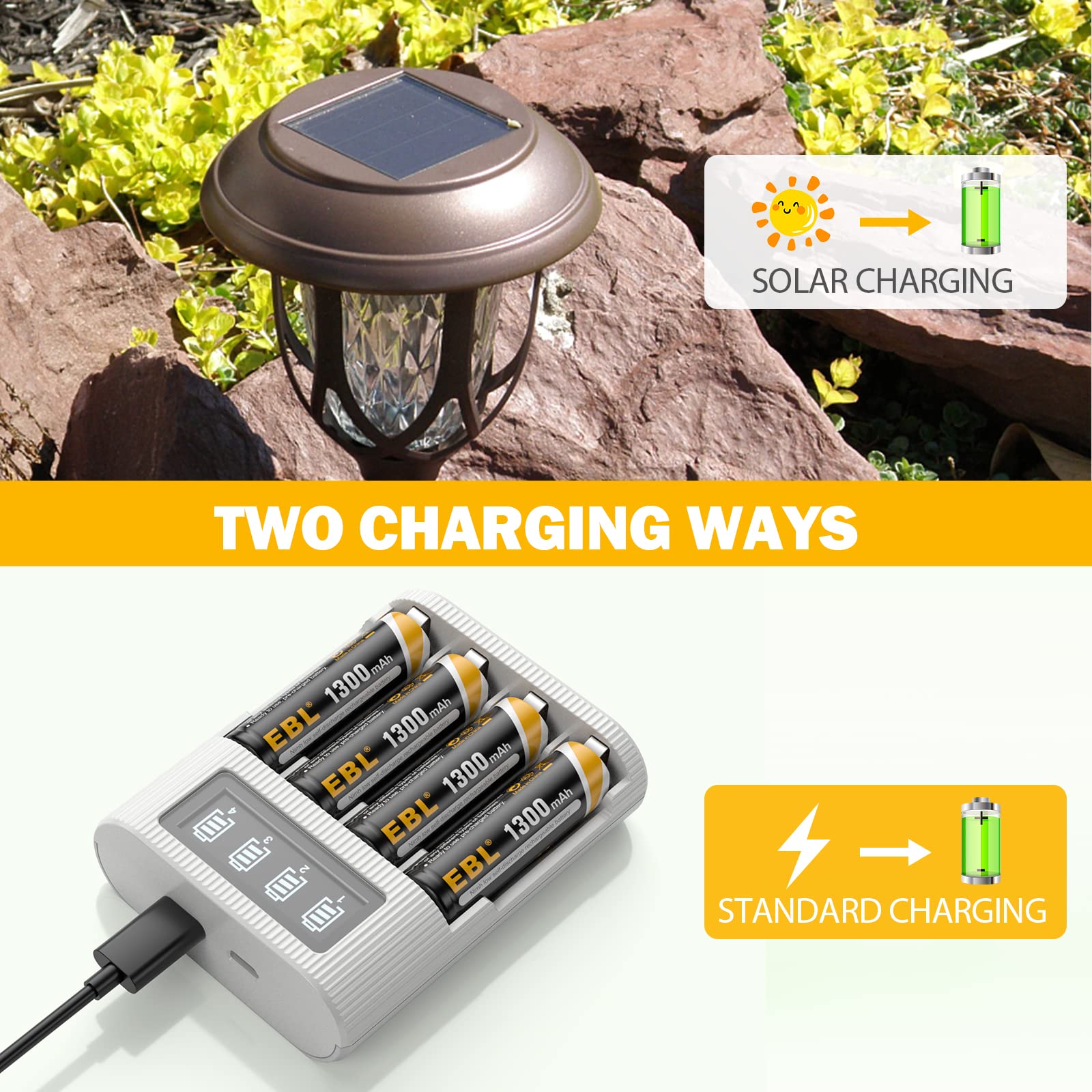 EBL AA Rechargeable Batteries for Solar Lights, NIMH Pre-Charged Double A Battery 1.2V 1300mAh Long Lasting Performance for Outdoor Garden Landscaping String Lights, Pack of 12