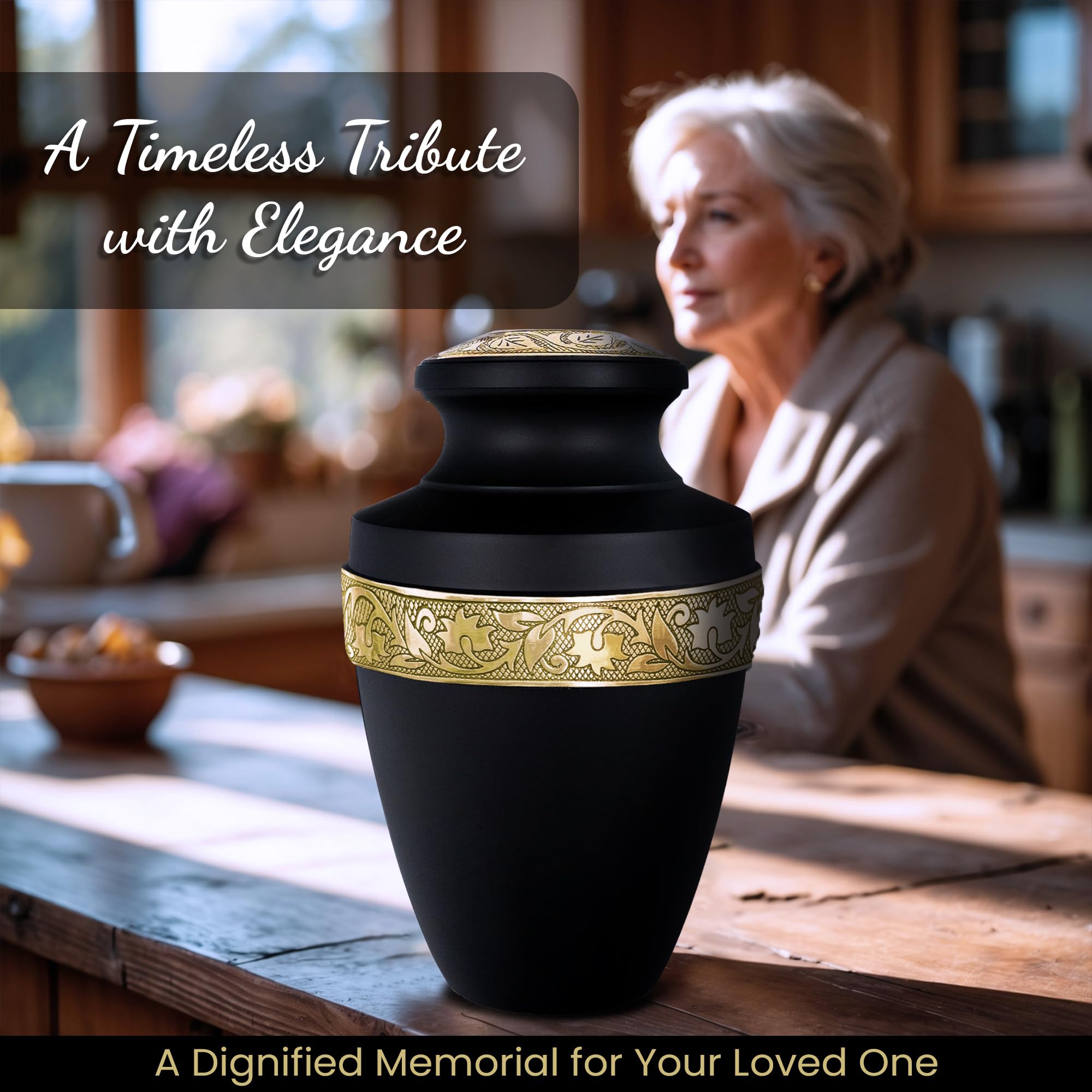 AmericUrn Set of 4 Funeral & Cremation Urn for Ashes Adult Male & Female with 1 Large Grecian Black Decorative Urn for Human Ashes Adult Man 2 Small Keepsakes & 1 NecklaceUrn-Handcrafted in India