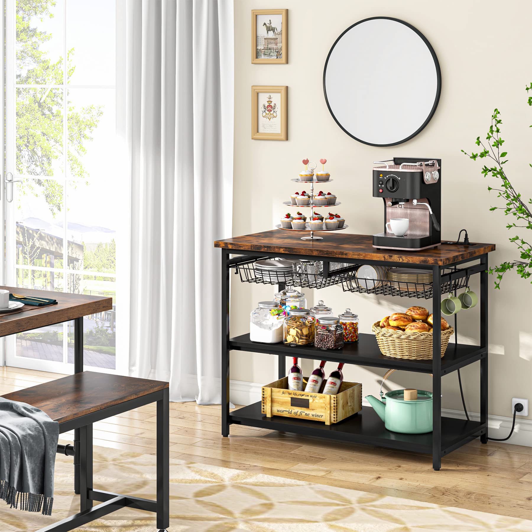 Tribesigns Kitchen Island with Storage, Industrial Island Table with Power Outlets and Wire Baskets, 3 Tier Microwave Oven Stand Butcher Block Island with Large Worktop, 4 Hooks, Rustic Brown