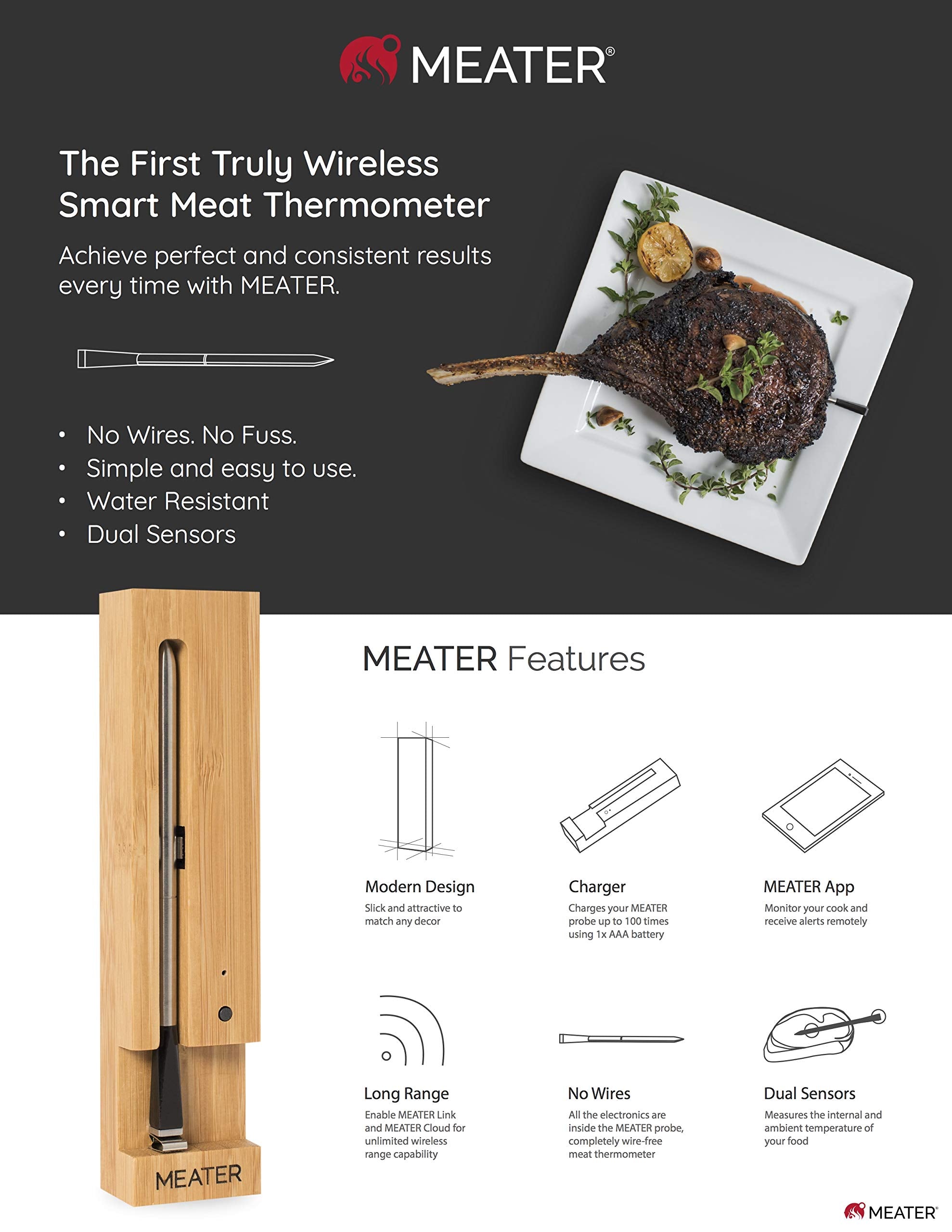 MEATER | The Original True Wireless Smart Meat Thermometer for the Oven Grill Kitchen BBQ Smoker Rotisserie with Bluetooth and WiFi Digital Connectivity