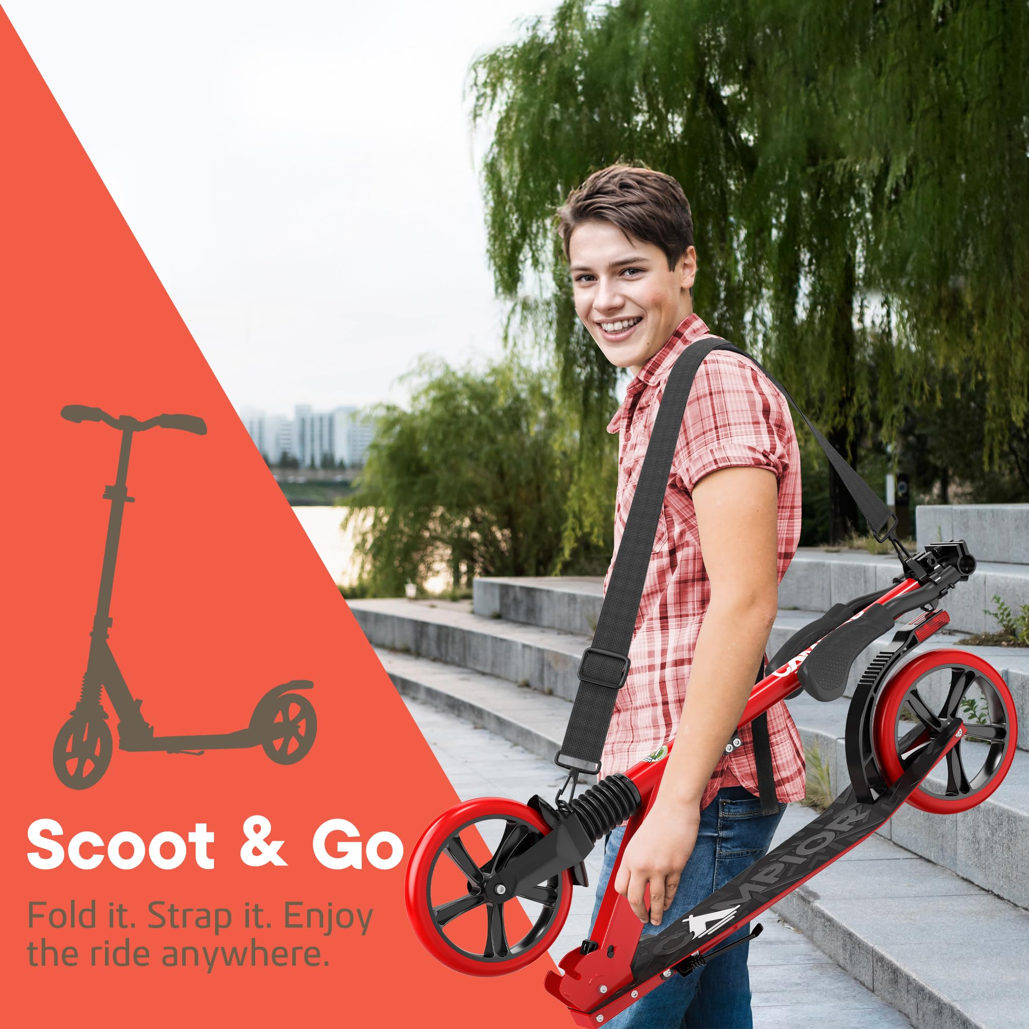 Campior Kick Scooter for Ages 6+, for Kids, Teens, and Adults, Max Load 240 LBS, Foldable, 8-inch Big Wheels for Kids and Adults, with Kickstand, 3 Adjustable Levels, Child Safety Approved, Red