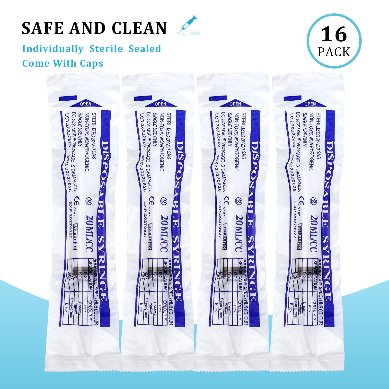 16 Pack 20ml Plastic Syringe, Large Syringes Tools for Liquid, Sterile and Individually Sealed for Measuring, Watering, Refilling, Feeding Pets, Scientific Labs, Oil or Glue Applicator