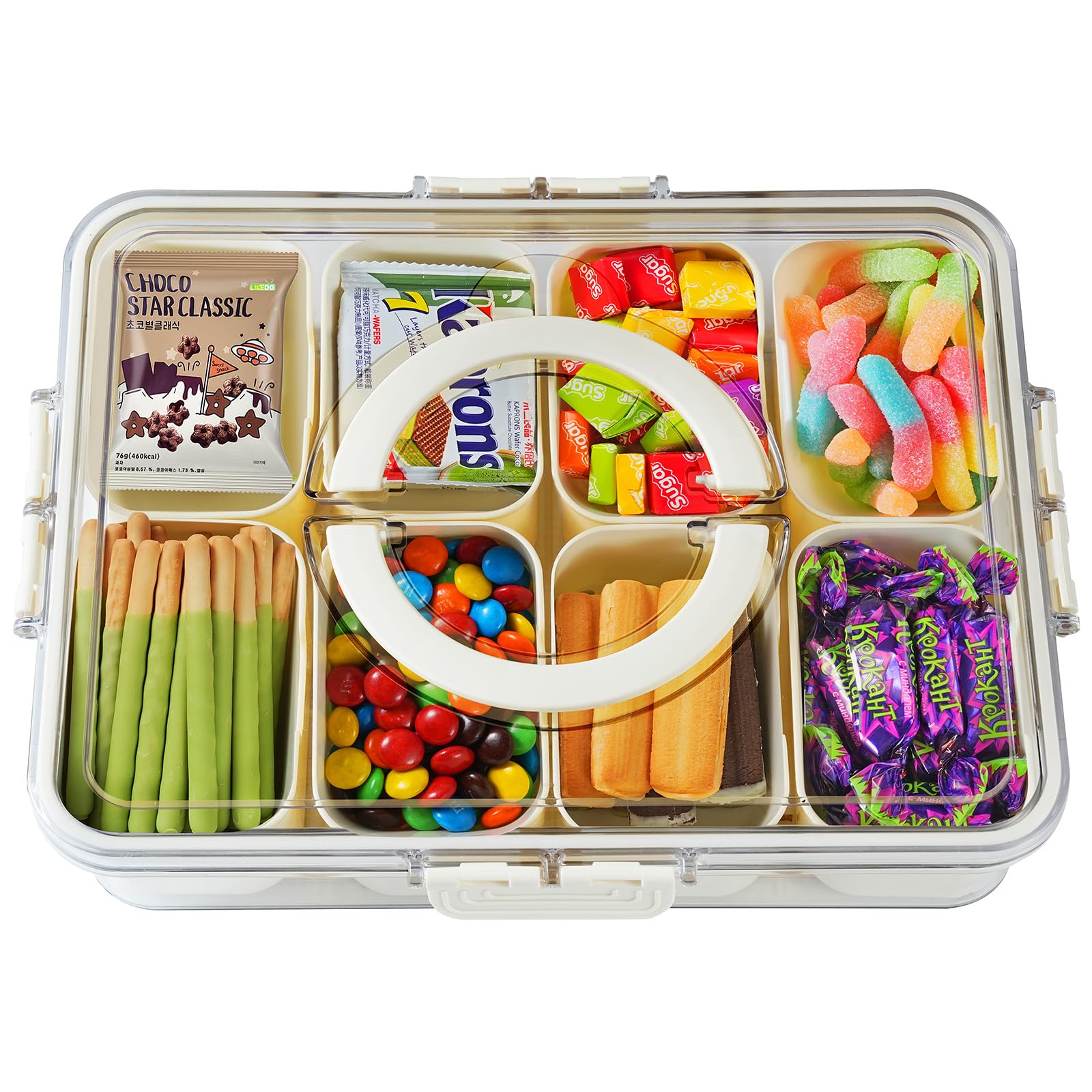 Snackle Box Container Divided Serving Tray with Lid and Handle 8 Compartment Snack Container Fruit Tray White Snack Box Container Snackle Box Charcuterie Container for Fruits, Nuts, Cookies, Candies