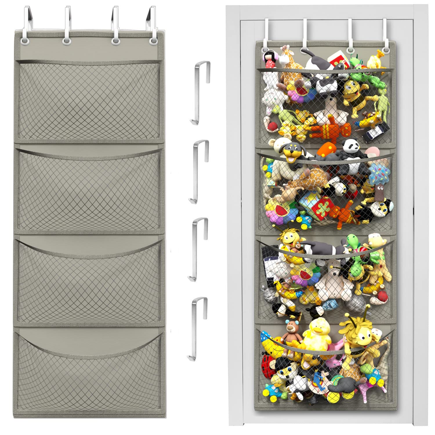 Honeyera Complete Plush & Toy Storage Bundle Grey Stuffed Animal Organizer & Squishmallow Holder – Quick Install, Perfect for Small Spaces