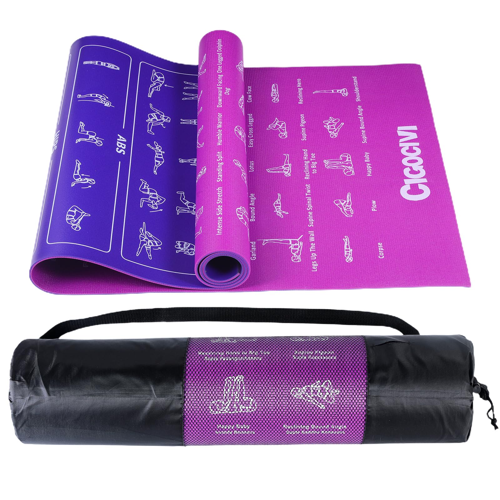 Upgrade New Instructional Yoga Mat with 75 Poses Printed on It, 6mm Travel Yoga Mat with Bag Christmas Gifts for Women and Men, 1/4 Inch Extra Thick Non-Slip (Purple/Blue)