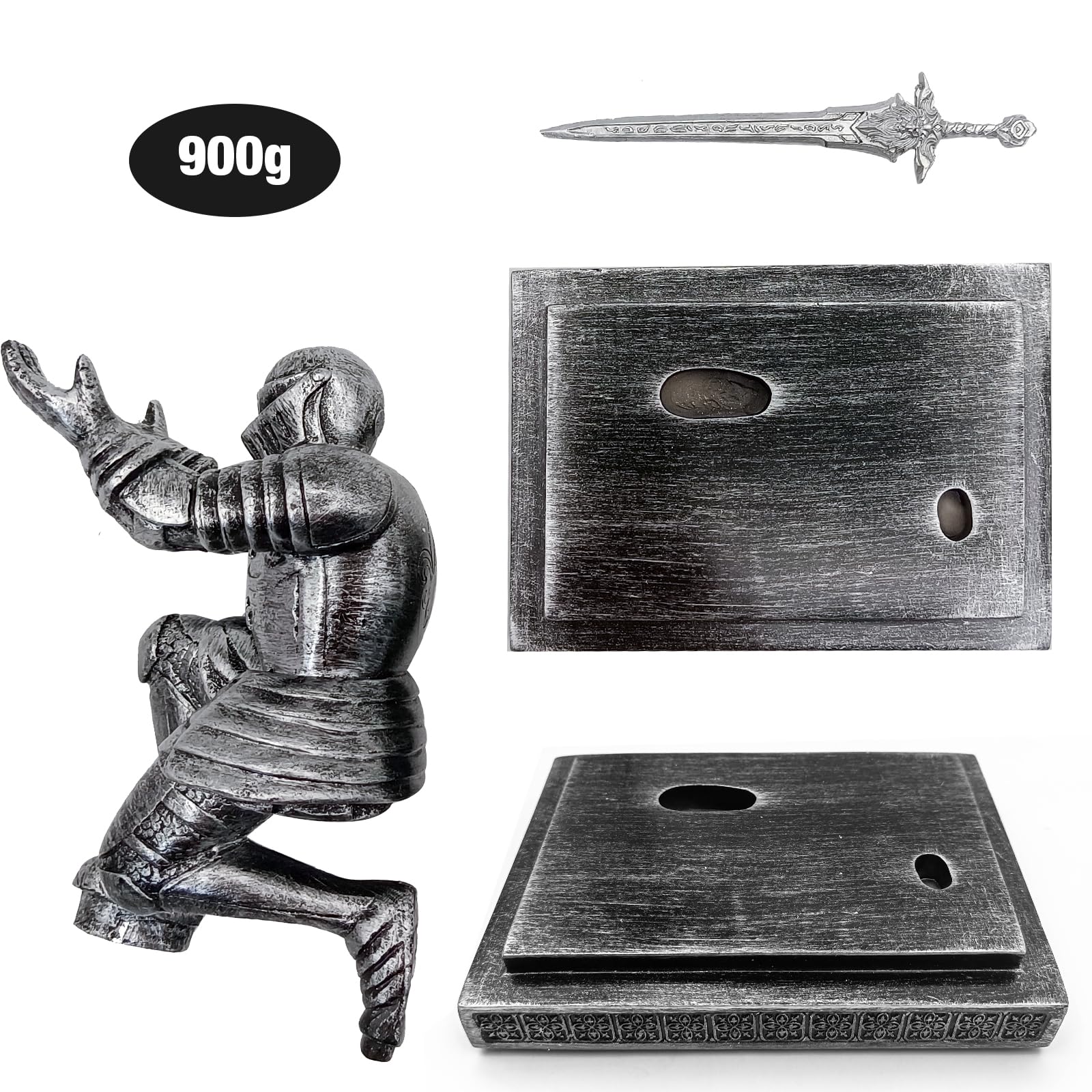 Hoypeyfiy Knight Pen Holder,Knights Pen Stand with Magnet Sword,Executive Pen Stand,Resin Soldier Pen Holder for Office,Home,Desk Decor,Holiday Present (Silver)