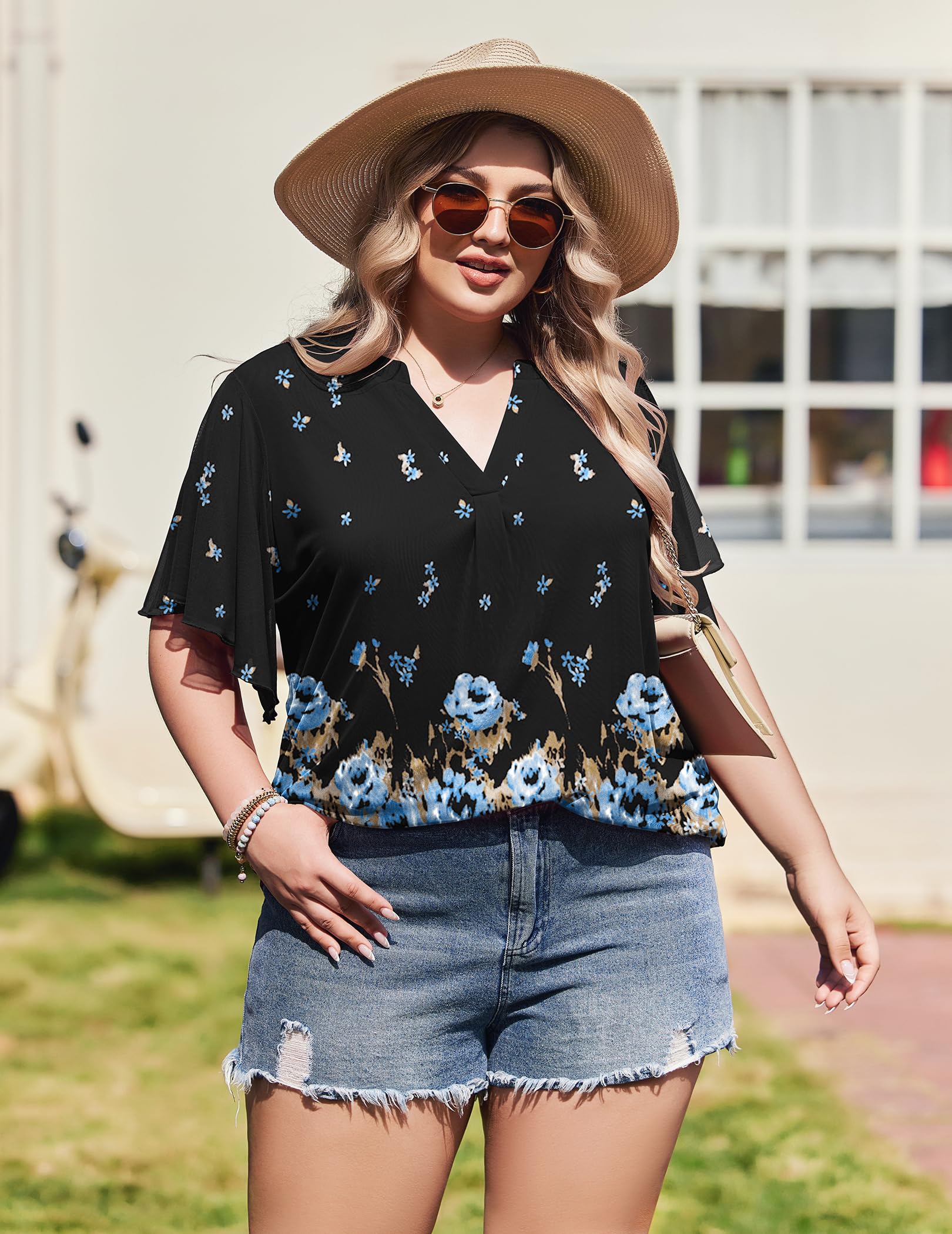 IN'VOLAND Plus Size Short Sleeve Tops for Women Ruffle V Neck Mesh Blouses Flowy Shirt Floral Double Layers Tunics 24W Black Blue