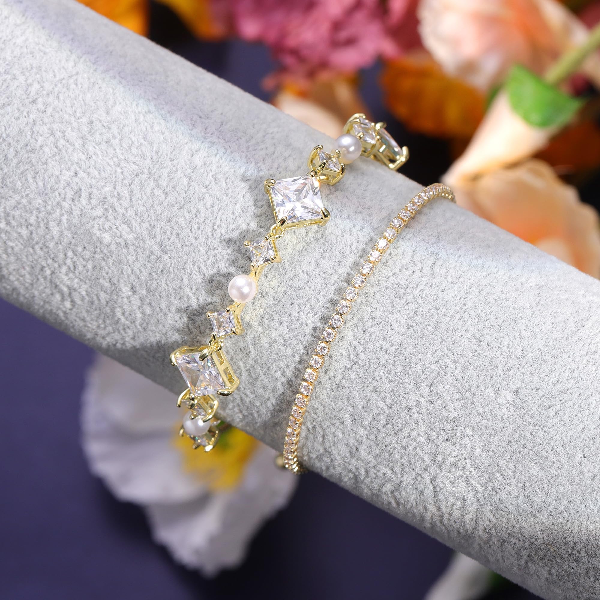 14K Gold Plated Cubic Zirconia Classic Tennis Bracelet Gold Bracelets Set for Women Trendy Jewelry Fashion Stackable Birthday Valentine Mother's Day Jewelry Gift (GSZH-021)