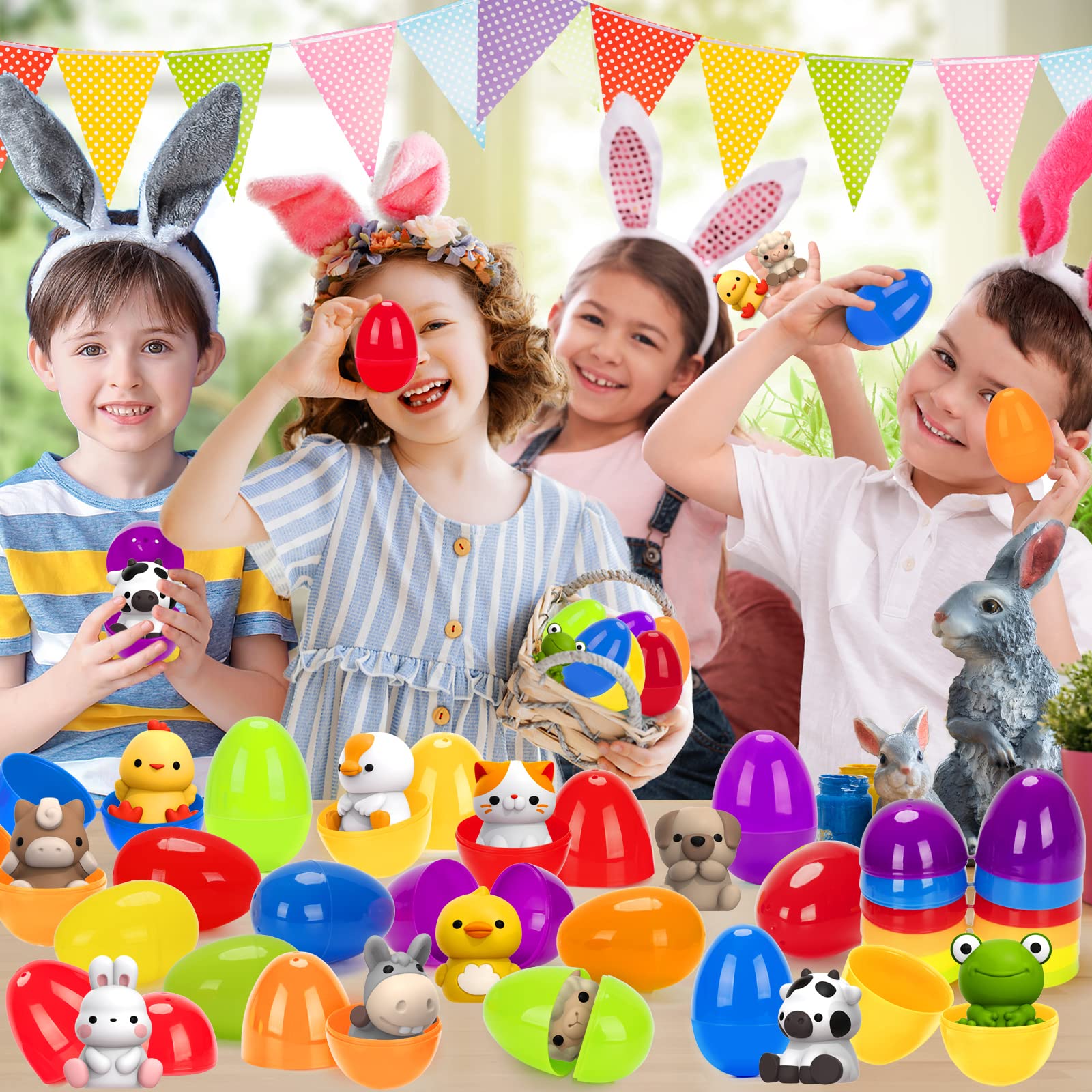 KMUYSL Prefilled Easter Eggs with Toys for Easter Eggs Hunt, Plastic Eggs with Finger Puppets, Surprise Egg, Easter Theme Party Favor, Basket Stuffers Filler, Classroom Prize Supplies
