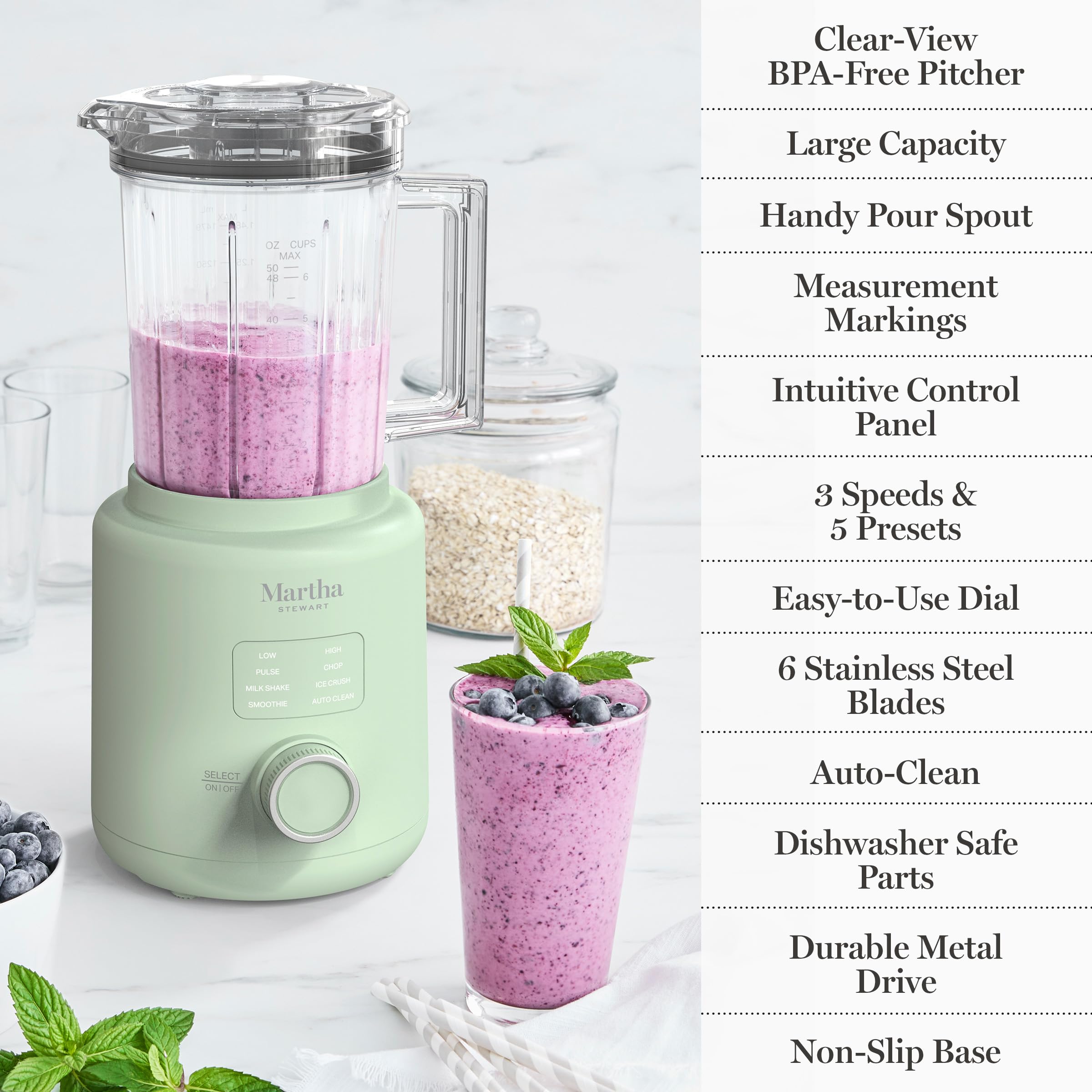Martha Stewart Countertop Blender, 50oz Jar, 6 Stainless Steel Blades 3 Speeds & 5 Presets, Auto Clean, Smoothies, Crush Ice, Shakes, Chop, Margarita, Measurement Markings, 700W, Honeydew Green