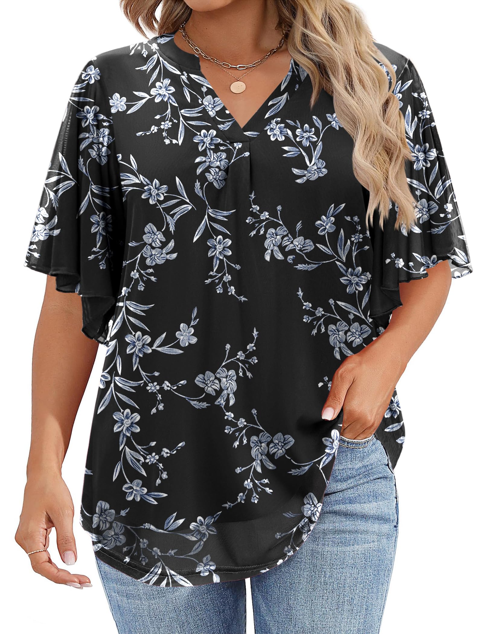 IN'VOLAND Women's Plus Size Blouses Short Sleeve Floral Double Layers Mesh V Neck Tunic Tops Dressy Flowy Stretchy Shirts Black 24W