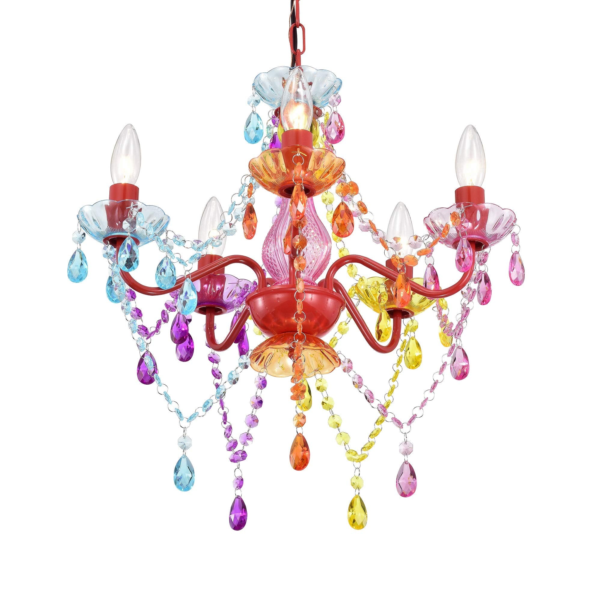 Antique House Chandeliers Modern Crystal Chandelier Lighting Colorful Chandeliers Red Metal Frame with Multi Color Acrylic Crystals 5 Light Pendant Light Fixtures