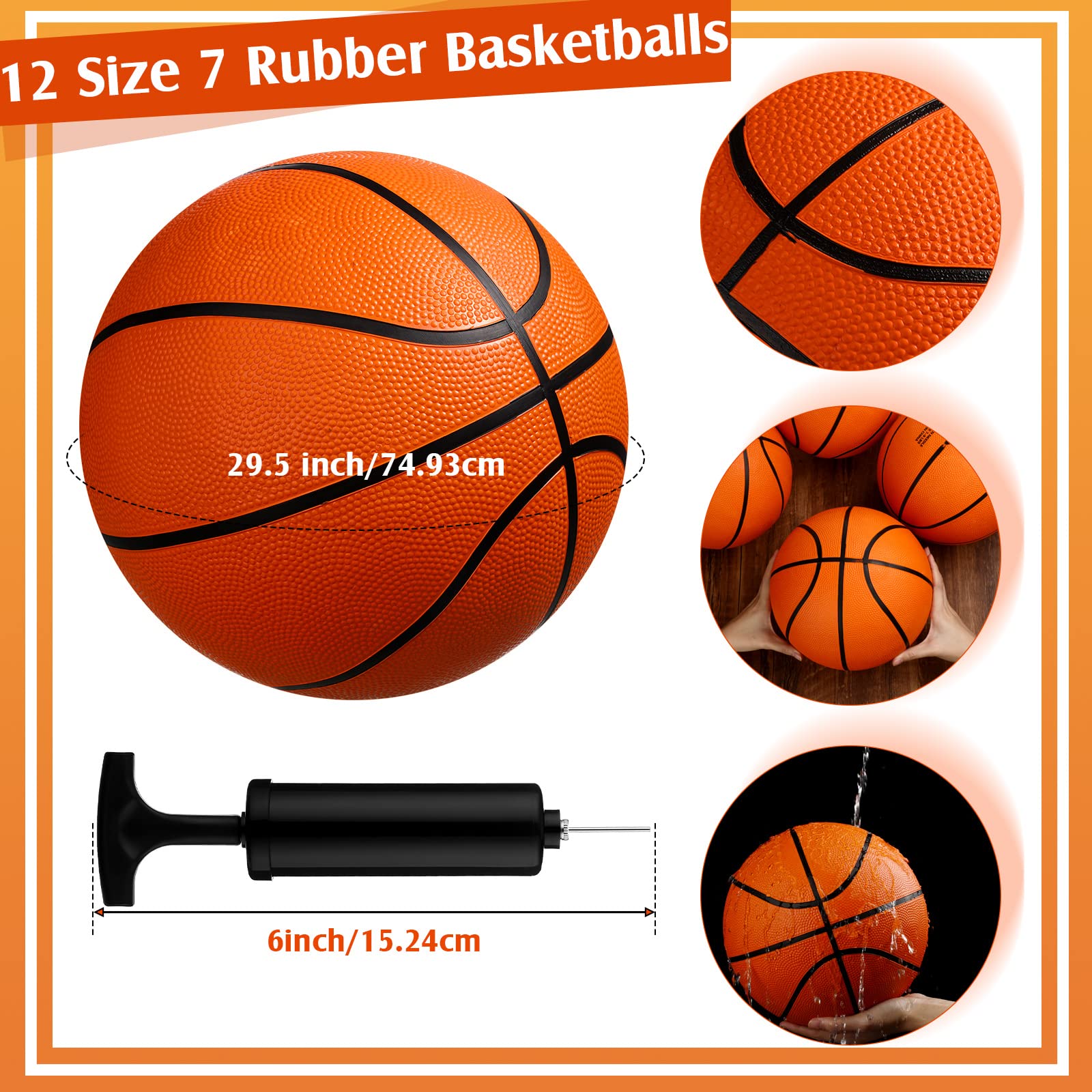 Jexine Basketball Bulk, 12 Pcs 29. 5" Official Size 7 Rubber Basketball with Air Pump for Adult Youth Outdoor Indoor Training Swimming Pool Training Game, Orange