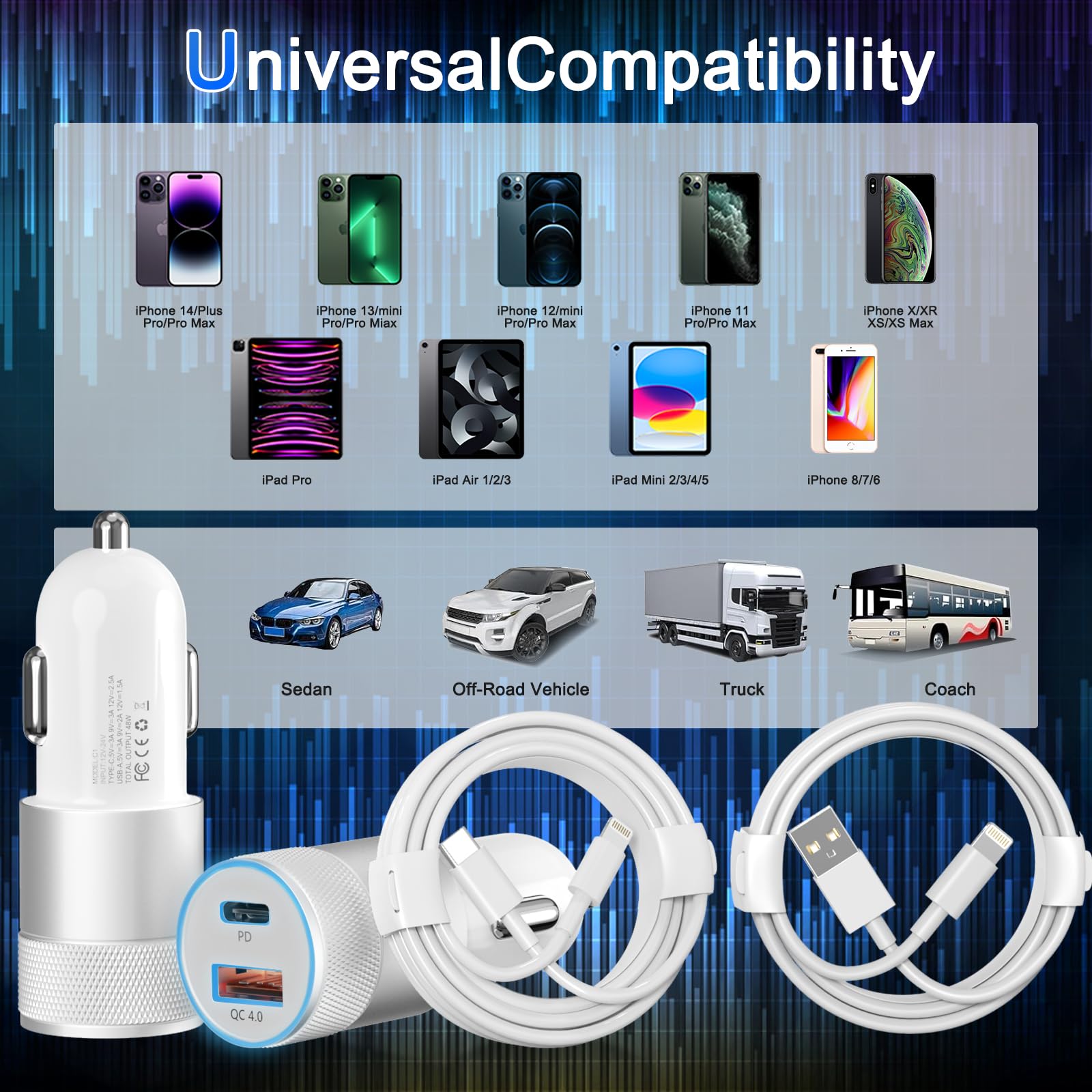 Car Charger [Apple MFi Certified], 2 Pack 48W Dual Port USB C Fast Charger with USB-C to Lightning Cable and USB-A to Lightning Cable, PD/QC 4.0 Type C Car Charging for iPhone/iPad/Airpods and More