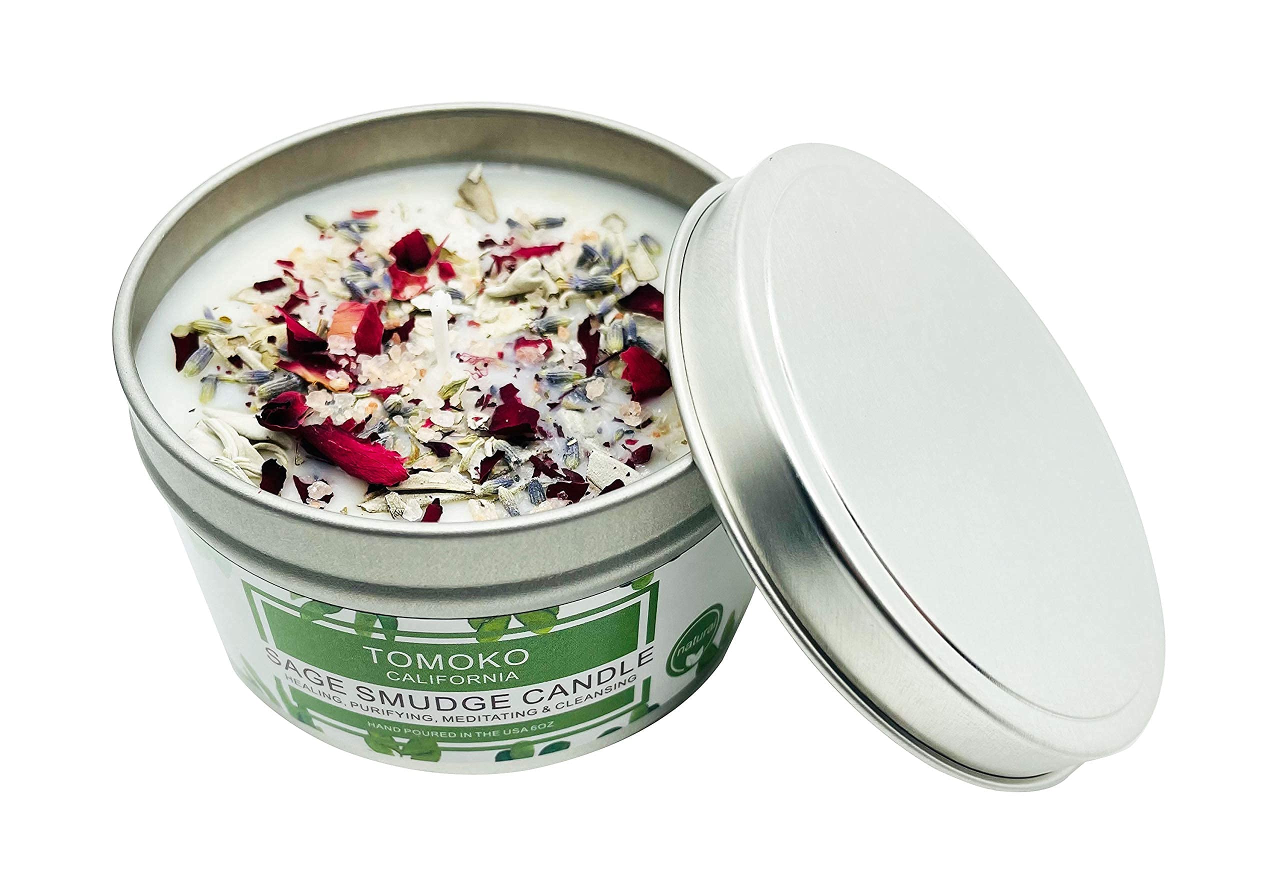 TOMOKO White Sage Candle, Sage Leaf, Rose, Lavender, Himalayan Salt & Essential Oil