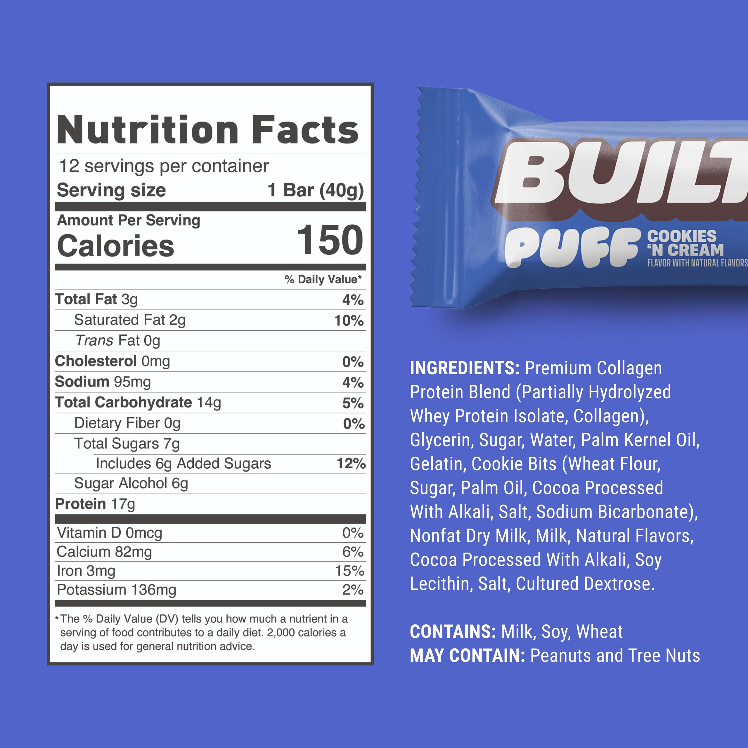 BUILT Puffs Protein Bars, Cookies 'N Cream Puff, High Protein Bars, 17g High Protein Snacks, On-The-Go Bars, only 140 Calories, 7g Sugar, Collagen, Not Gluten Free, 12 Count