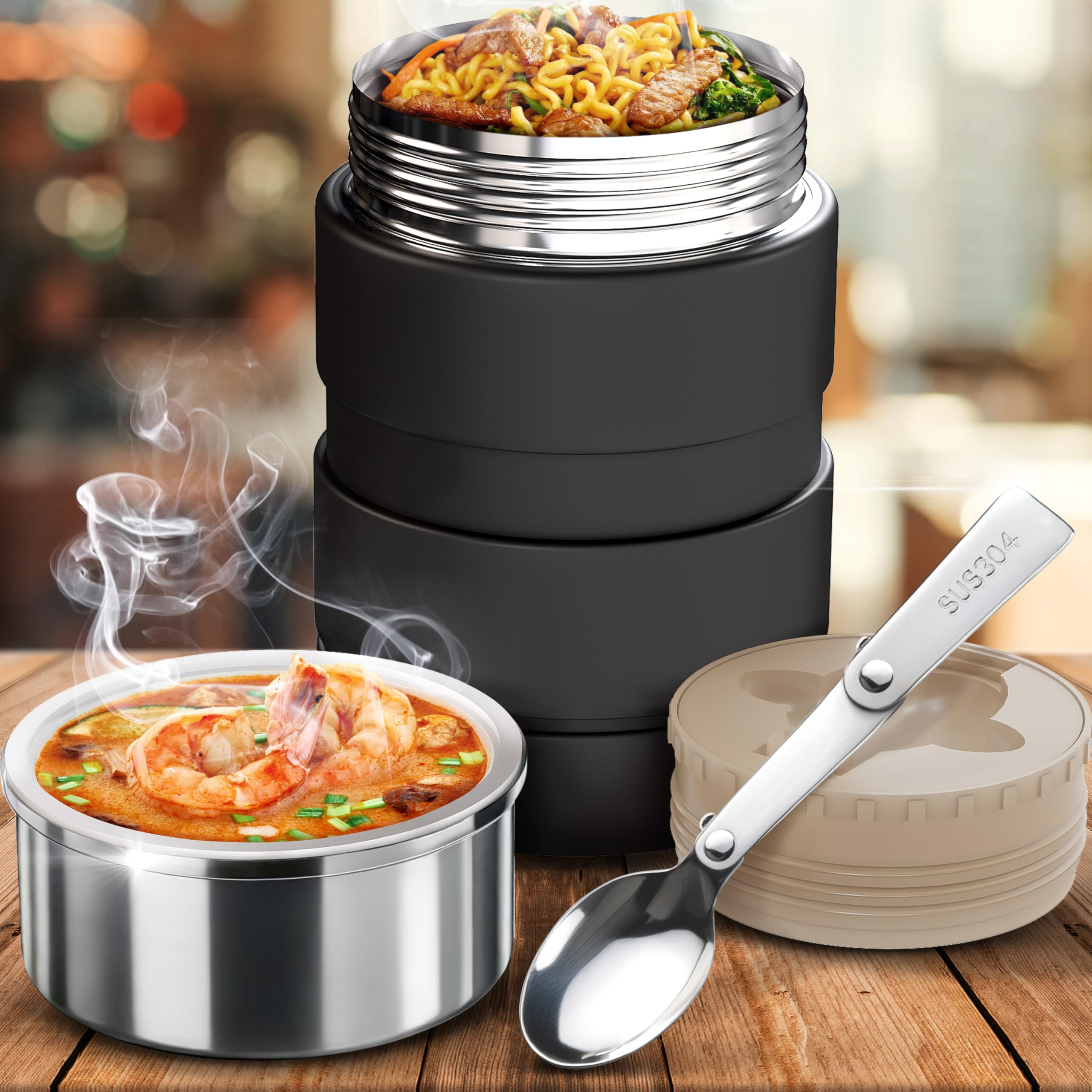 Earth&ME Stainless Steel Thermo For Hot Food 17OZ with Folding Spoon, Vacuum Insulated Food Container, Soup Thermo with Wide Mouth, Insulated Food Jar for Hot & Cold Food, Black