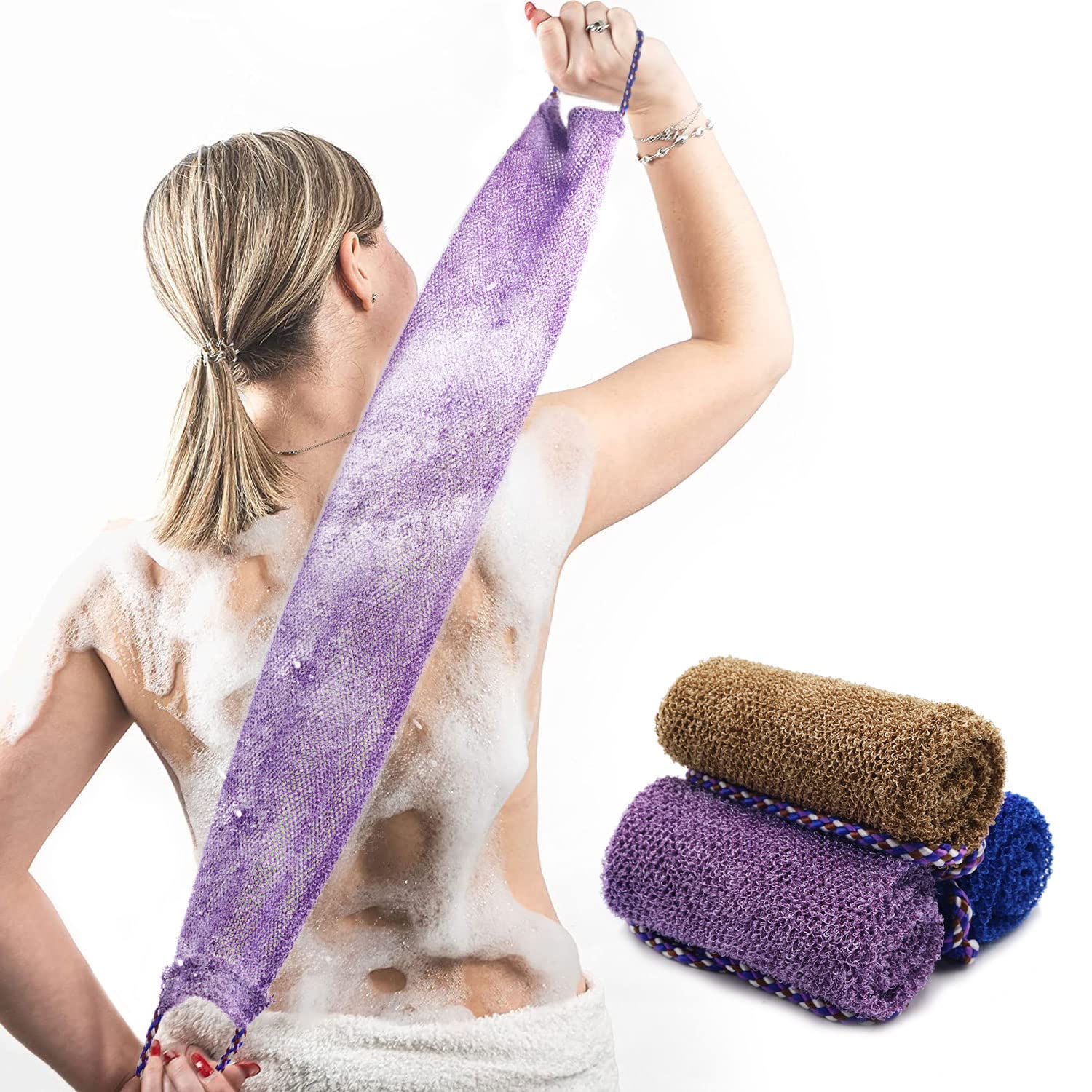 Dr.Pedi 3 Pieces African Net Sponge with Handles Long African Exfoliating Net Washcloth Bath Sponge Net Cloth Wash Net Body Back Scrubber for Shower Loofah