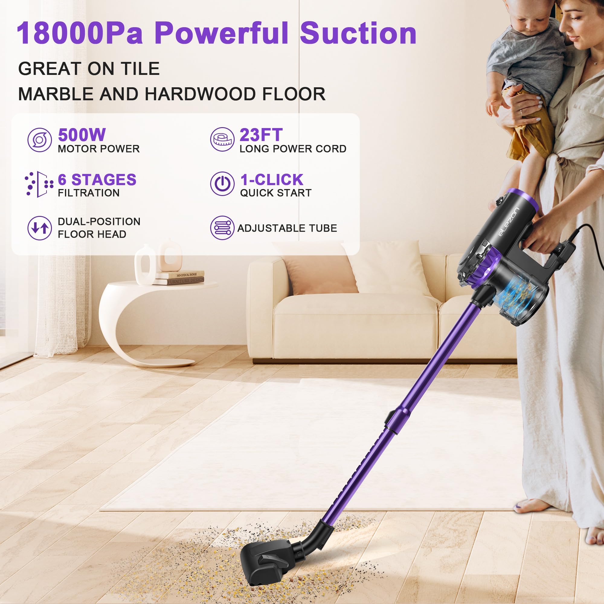 elezon F800 Corded Vacuum Cleaner 500W, 18KPa Powerful Suction, 23ft Long Cord, HEPA Filter, 1.2L Dust Capacity, 2-in-1 Handheld Stick Vacuum for Home Hardwood & Tile Floors