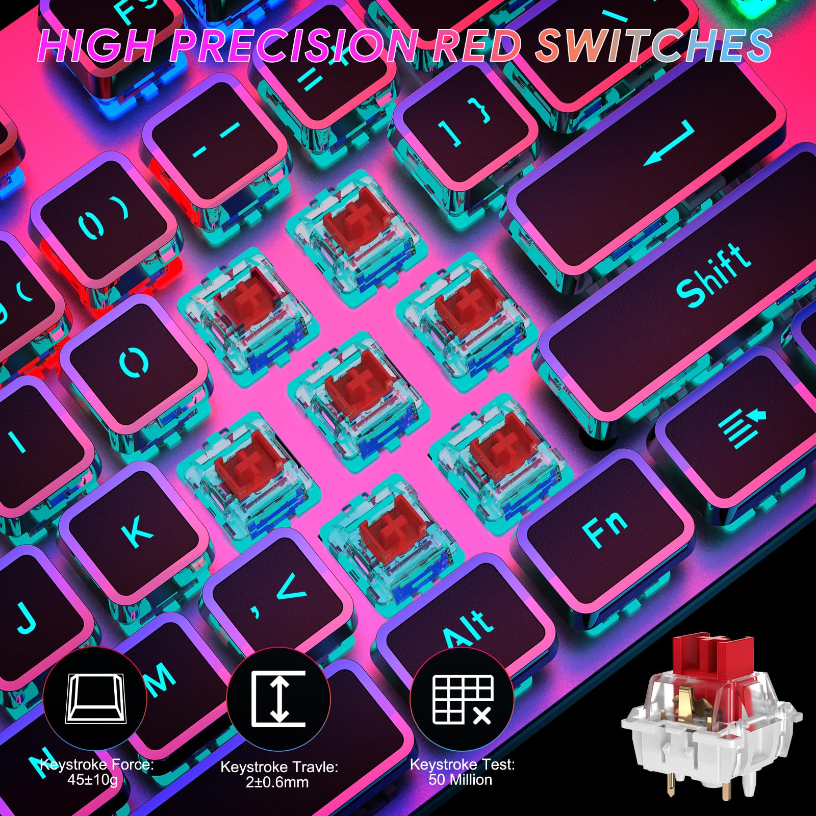 TECURS Gaming Keyboard Mechanical Keyboard with Magnetic Wrist Rest, Backlit PC Typewriter Keyboard LED, 104 Keys, Red Switch, Media Control Knob - Compatible with Windows/Mac/PC