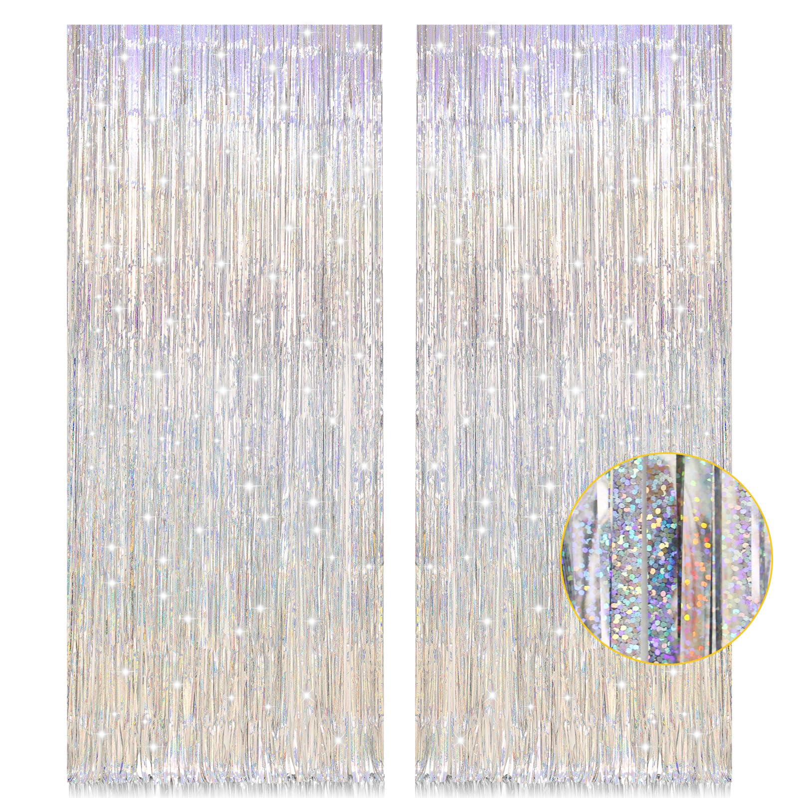 2 Pack 3.2ft x 8.2ft Silver Metallic Tinsel Foil Fringe Curtains, Door Streamer Photo Booth Backdrop for Birthday Graduation Engagement Bridal Shower Bachelorette Baby Shower Party Decorations