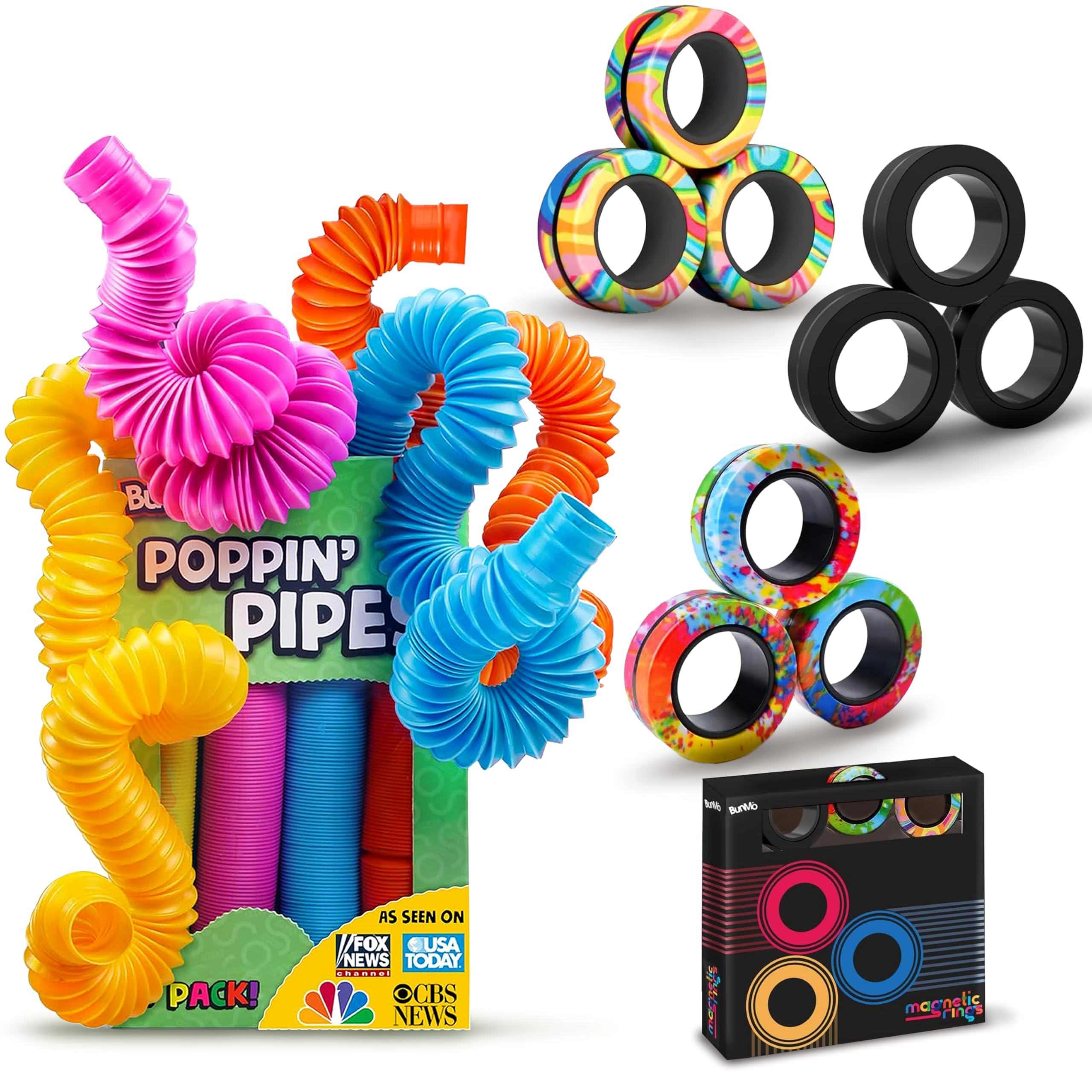 BunMo Stretch & Play Easter Basket Essentials: Magnetic Fidget Rings & Pop Tubes - Sensory Toys 8 Pack Large - Fidget Toy for Boys & Girls - Non-Mouthable Toy - Fidget Toys Adults - Great Teen Gift