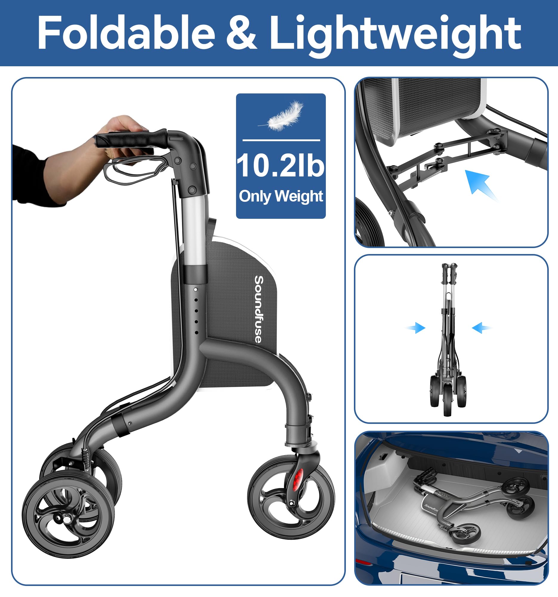 SOUNDFUSE 3 Wheel Walkers for Seniors, Lightweight Foldable Aluminum Rollator Walker, Height Adjustable Three Wheel Walker, Black
