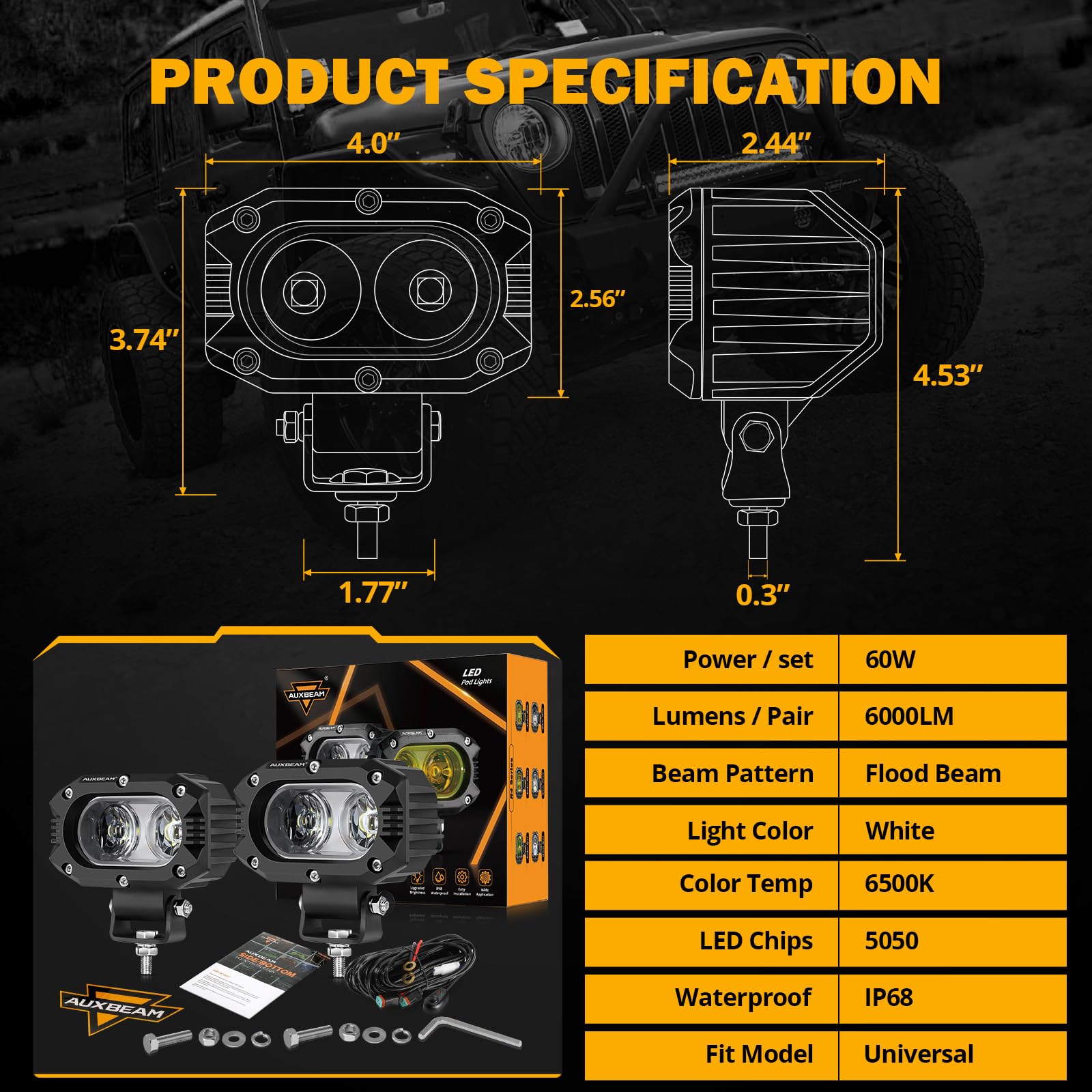 Auxbeam 4 Inch LED Light Pods, 60W Square Offroad Driving Light Super Bright 120° White Broad Flood Beam Pods Light with Off Road Wiring Harness for Wrangler Truck Pickup SUV ATV UTV (2 Pcs)